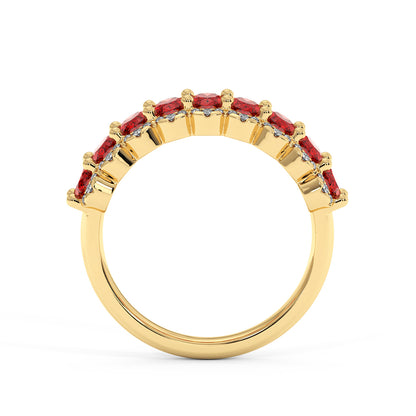 14k gold ring adorned with a row of Red Ruby gemstones with an intense, rich color, shown side-on.