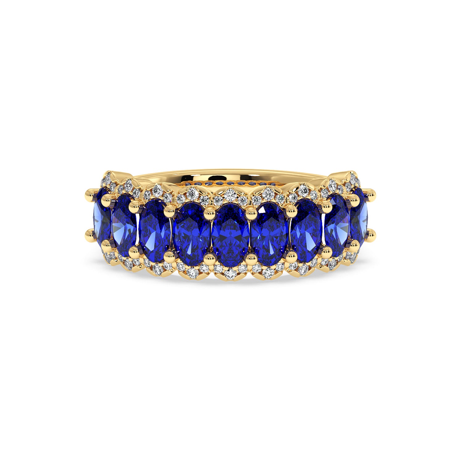 14k gold ring set with six oval Blue Sapphire gemstones, surrounded by small sparkling white diamonds.
