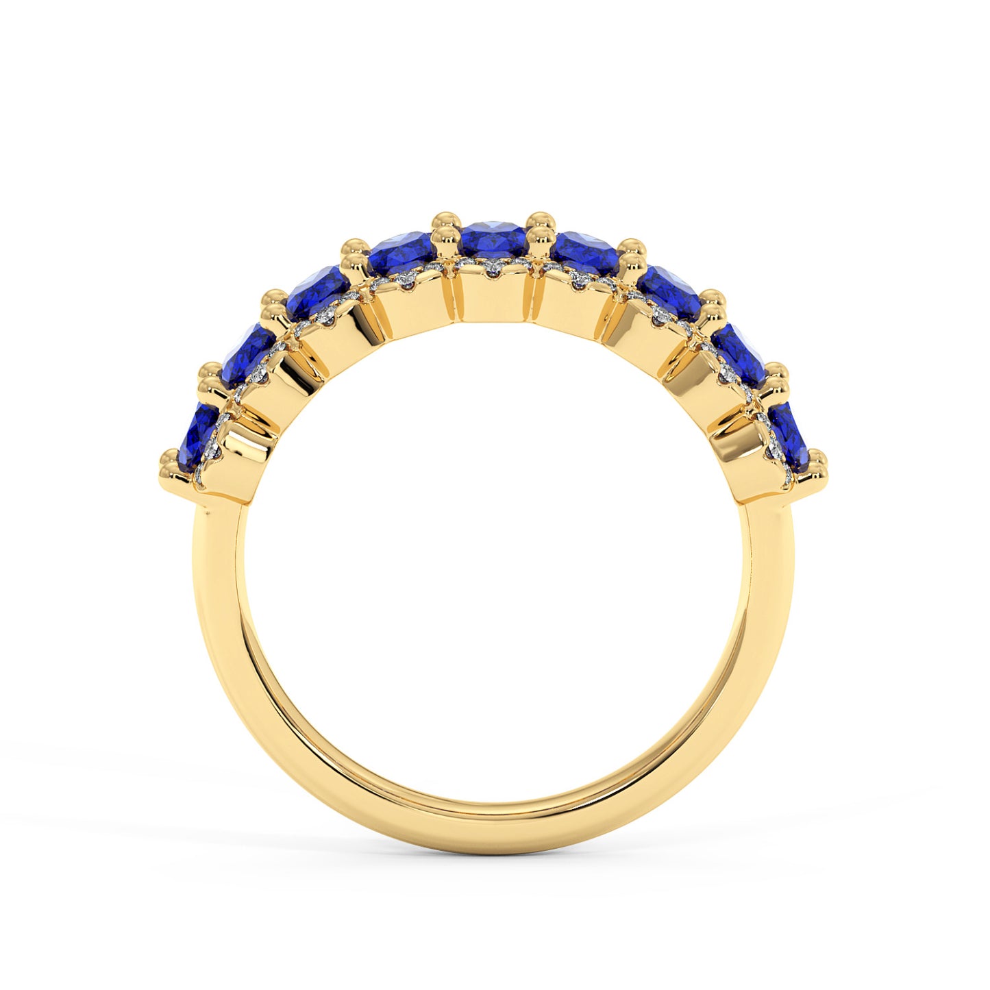 14k gold ring with a row of deep blue sapphires set along the top, contrasting elegantly against the polished gold.