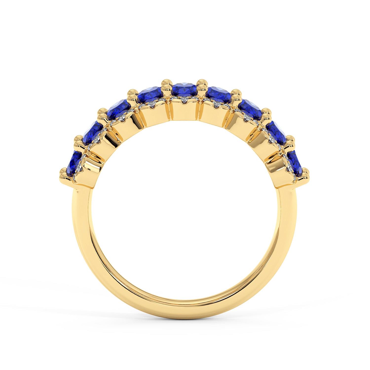 14k gold ring with a row of deep blue sapphires set along the top, contrasting elegantly against the polished gold.