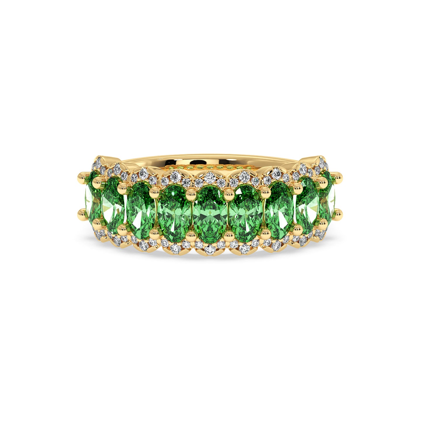 14k gold ring adorned with vibrant Green YAG oval gemstones, accented by small round diamonds.