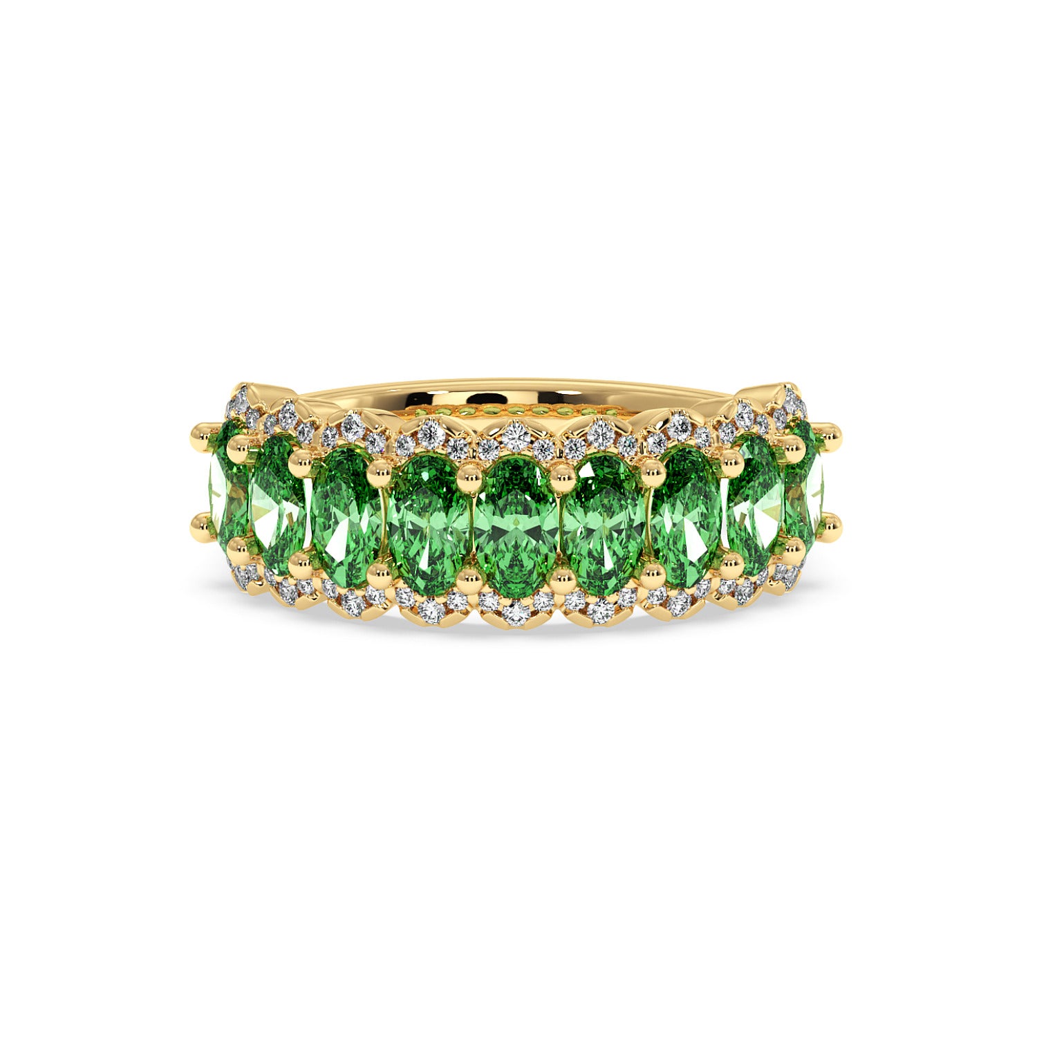14k gold ring adorned with vibrant Green YAG oval gemstones, accented by small round diamonds.