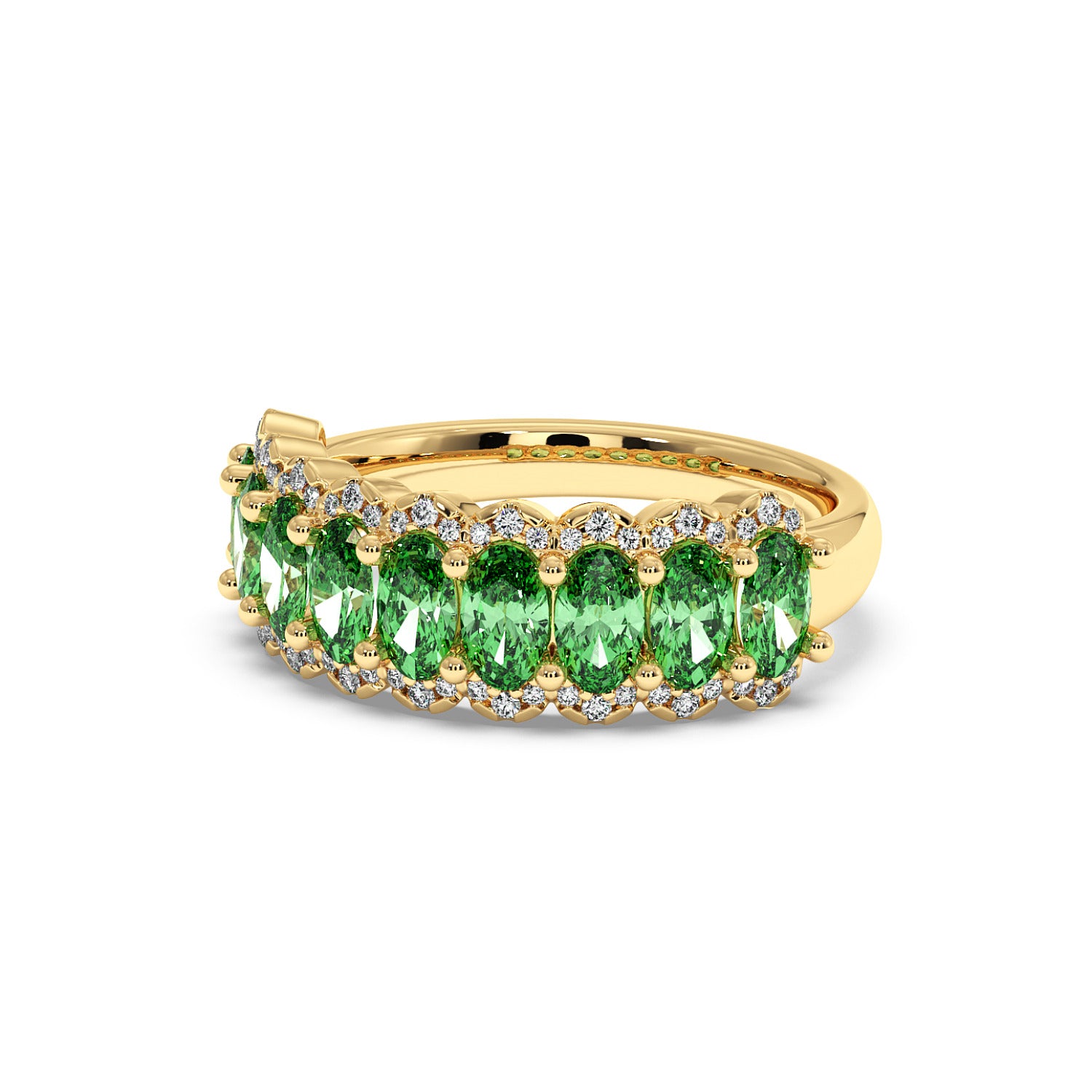 14k gold ring featuring a row of Green YAG oval gemstones bordered by small white diamonds.