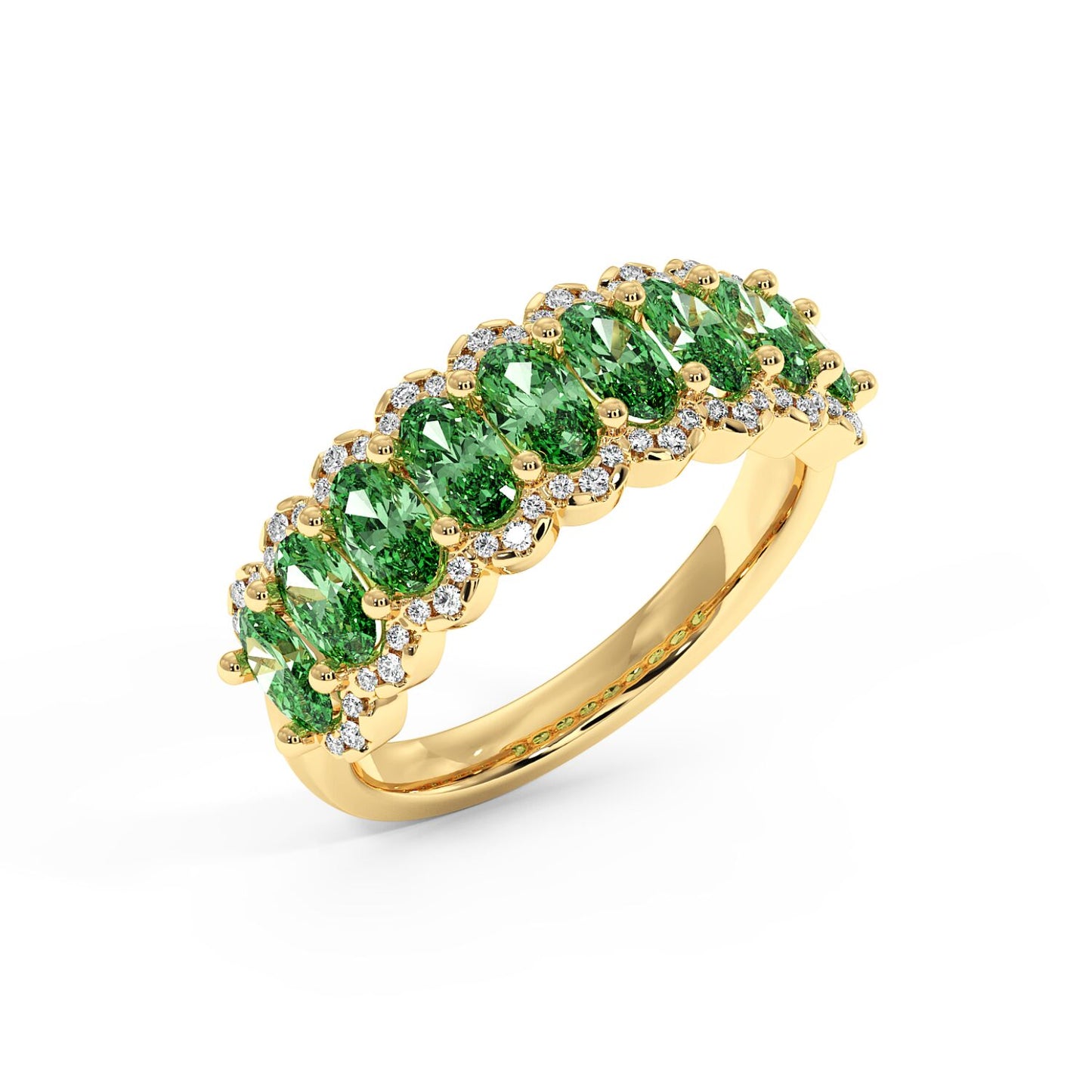 14k gold ring with a row of vibrant Green YAG gemstones, each surrounded by small sparkling diamonds.