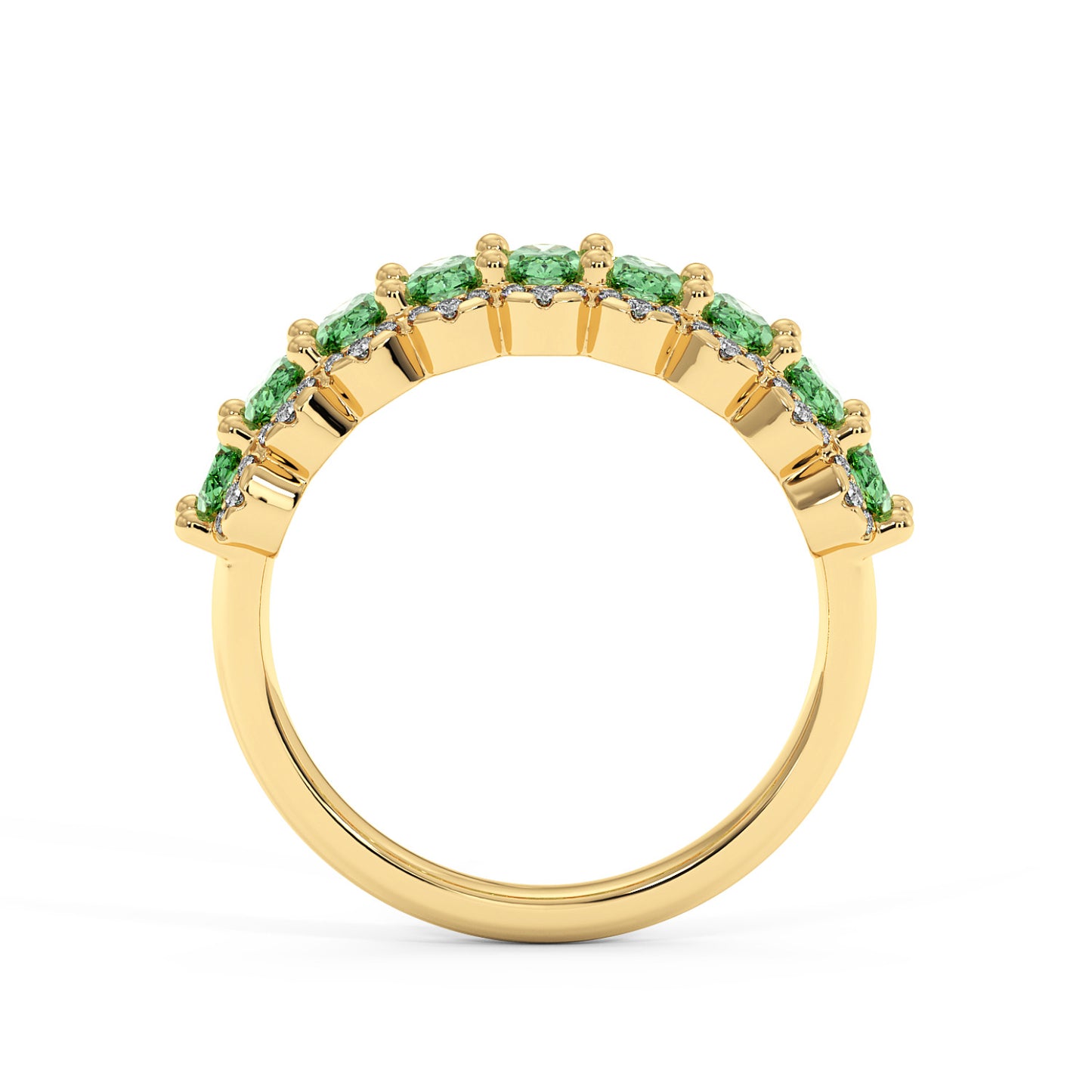 14k gold ring set with a row of vibrant Green YAG round-cut gemstones along the top half, evenly spaced and securely clasped.