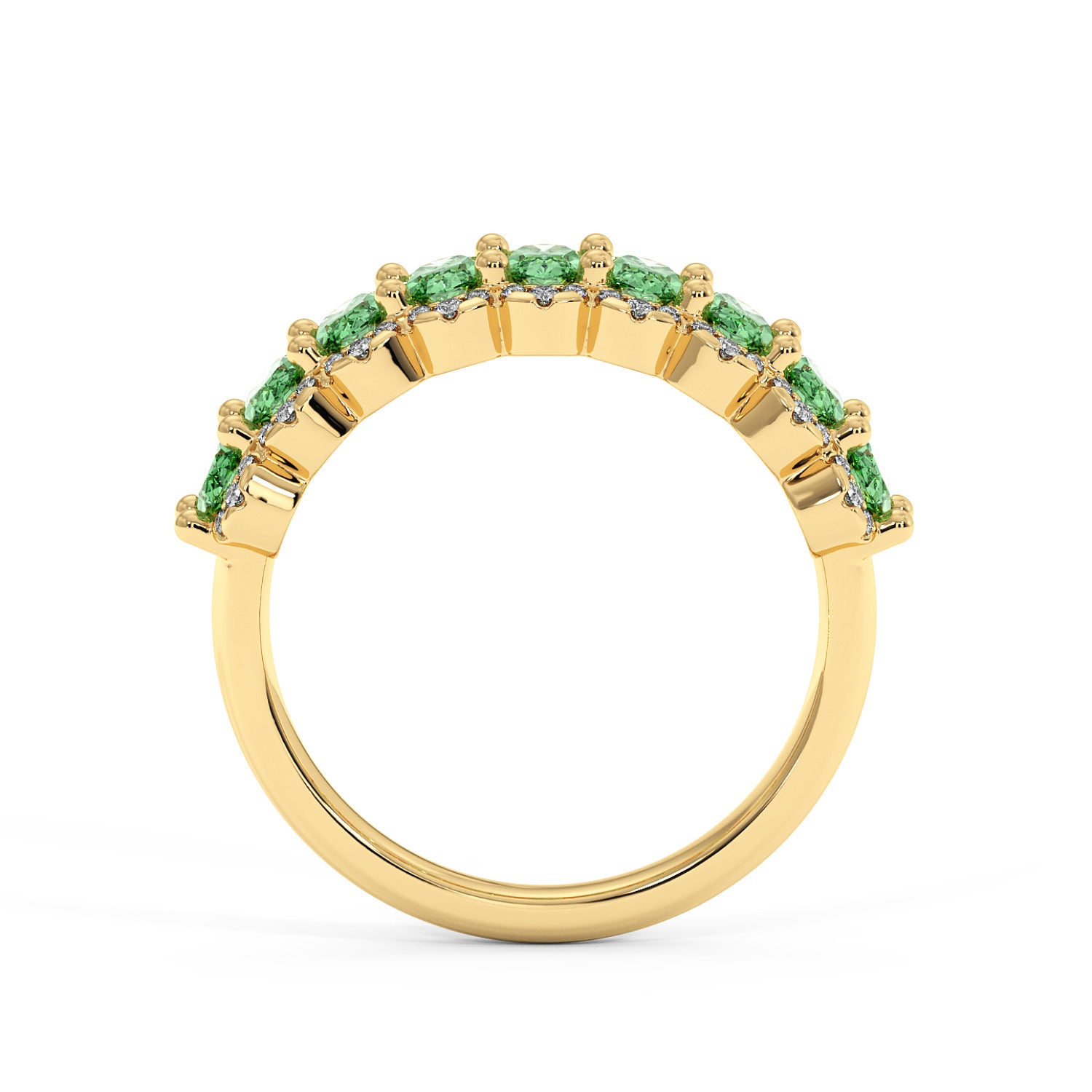 14k gold ring set with a row of vibrant Green YAG round-cut gemstones along the top half, evenly spaced and securely clasped.
