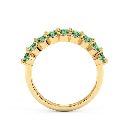 14k gold ring set with a row of vibrant Green YAG round-cut gemstones along the top half, evenly spaced and securely clasped.