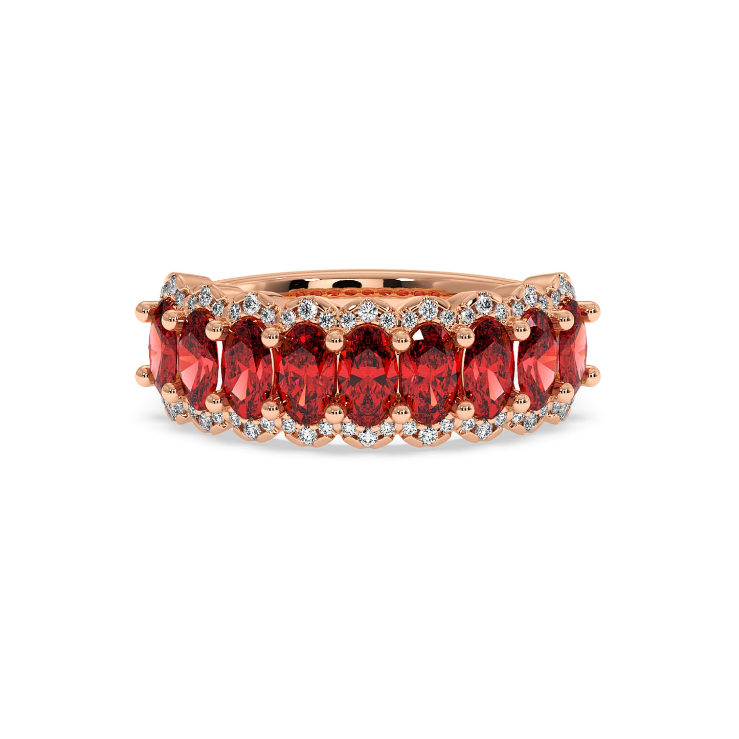 14k gold ring with radiant oval-cut Red Ruby gemstones and small round diamonds set along the band.