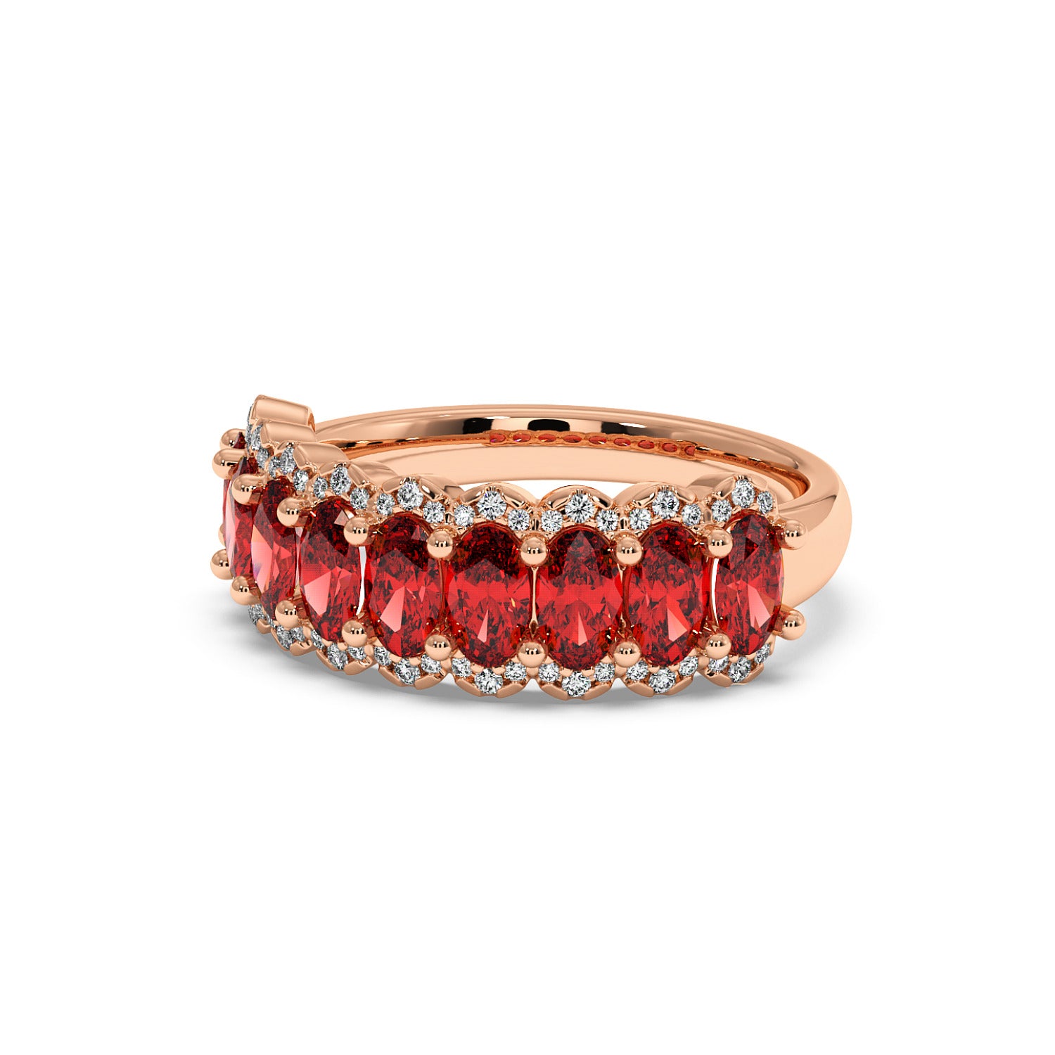 14k rose gold ring with a row of vibrant Red Ruby gemstones lined with small white diamonds.