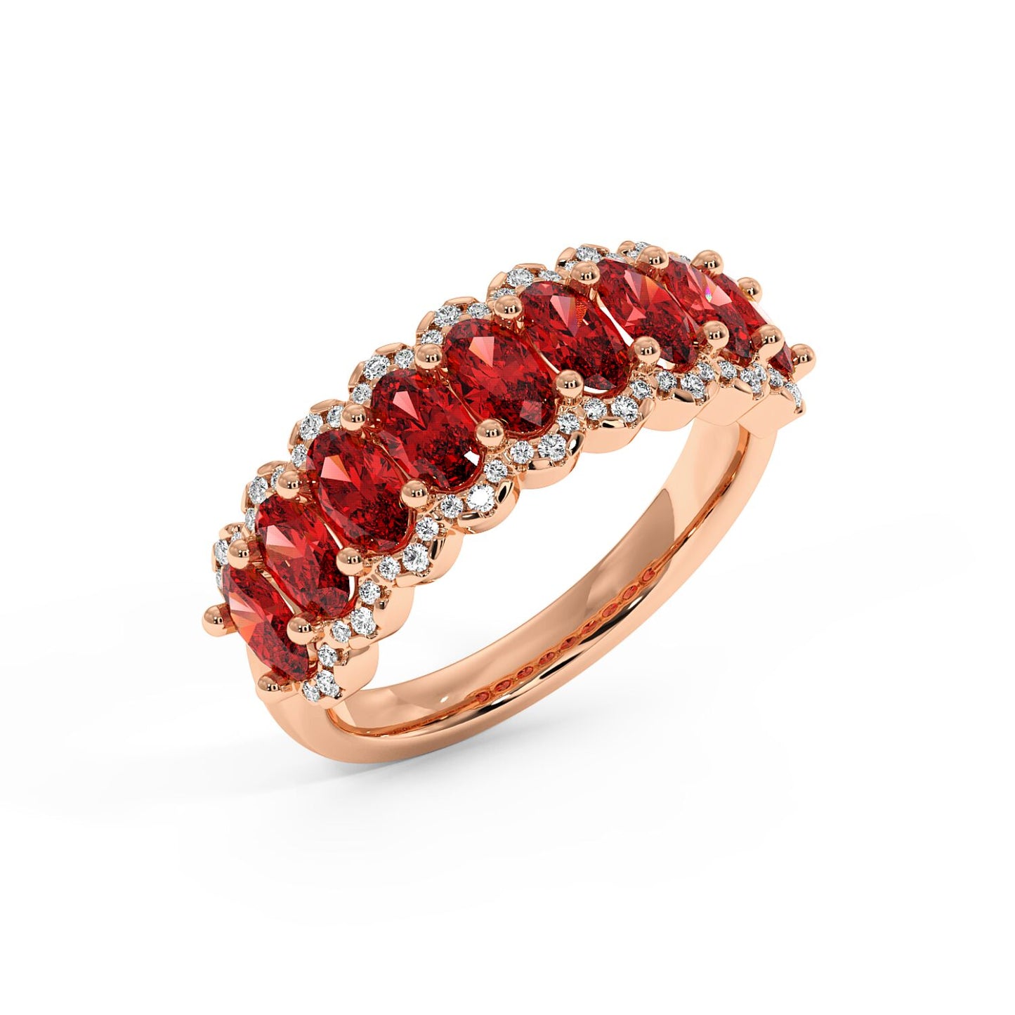 14k rose gold ring adorned with nine oval Red Ruby gemstones and accentuated by small, sparkling diamonds.
