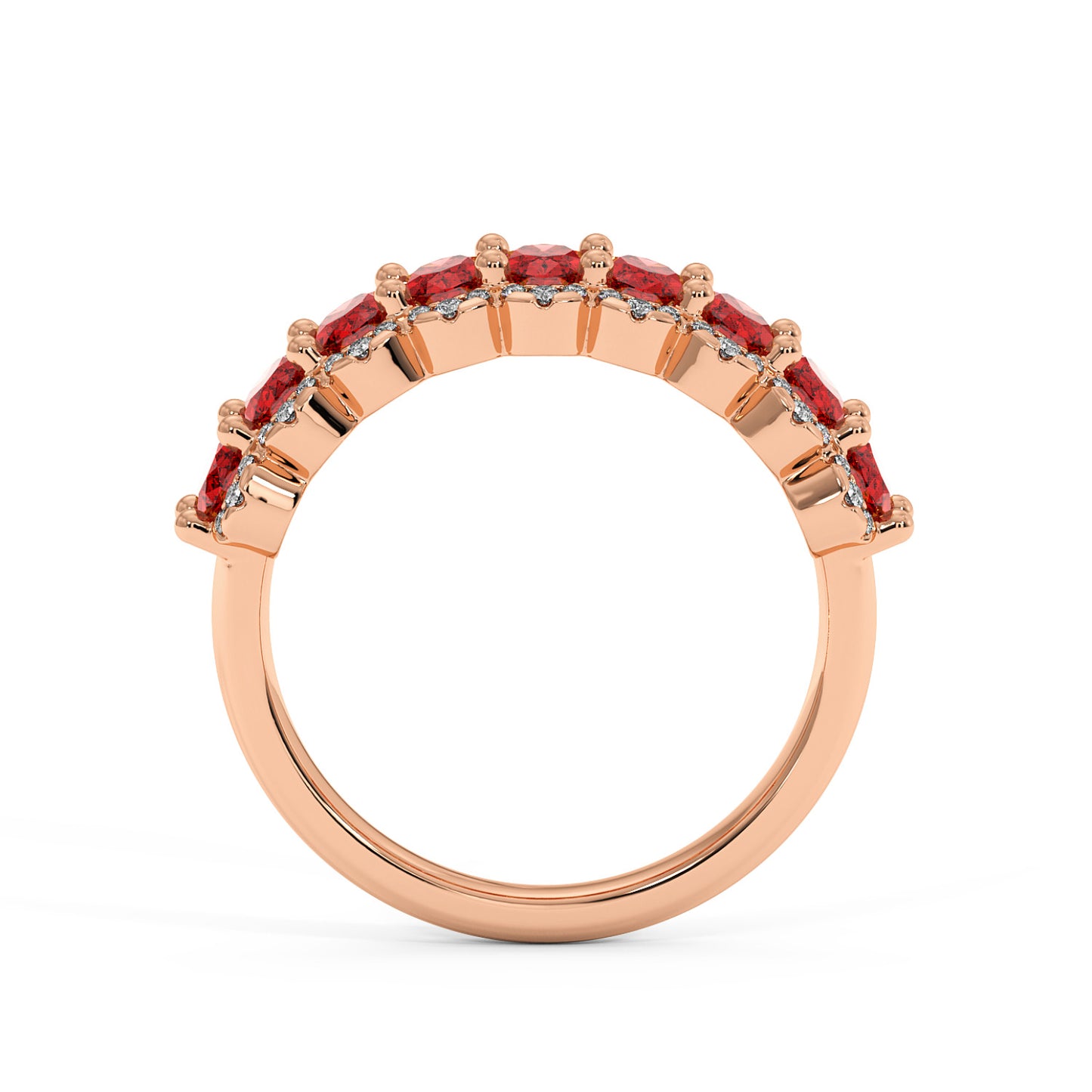 14k rose gold ring with a row of Red Ruby gemstones set on top, featuring a sleek, elegant design.