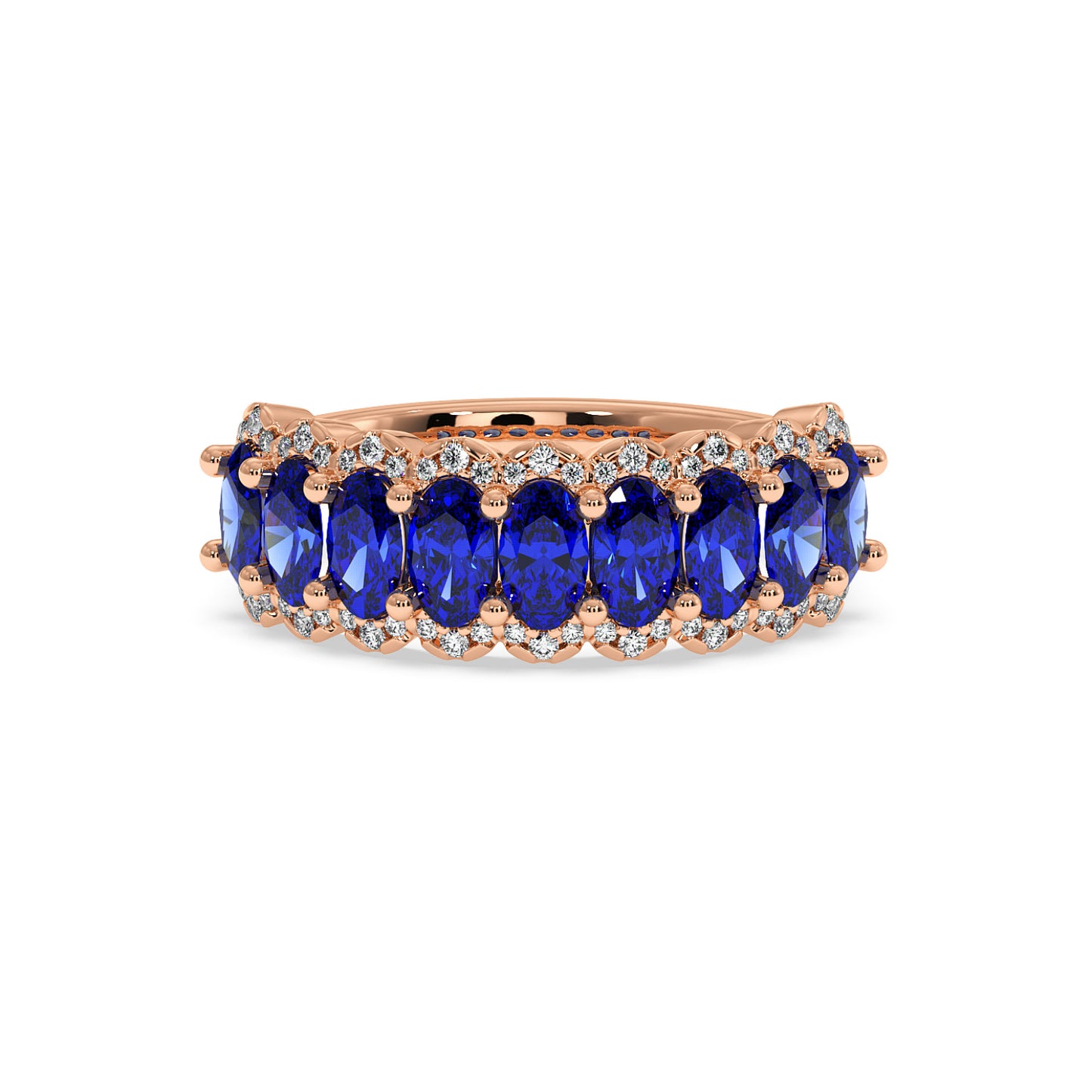 14k rose gold ring with a row of oval Blue Sapphire gemstones, bordered by sparkling white diamonds.