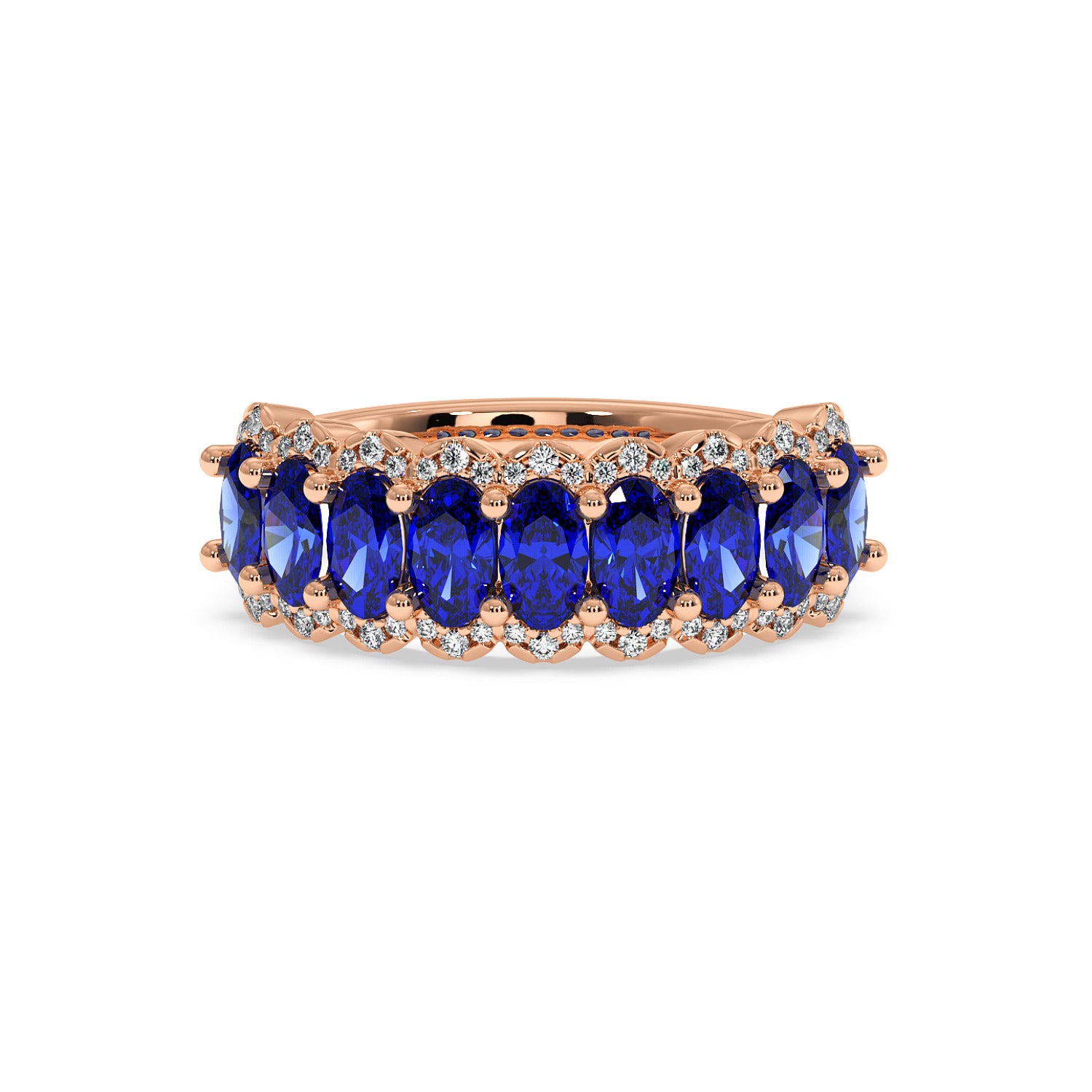 14k rose gold ring with a row of oval Blue Sapphire gemstones, bordered by sparkling white diamonds.