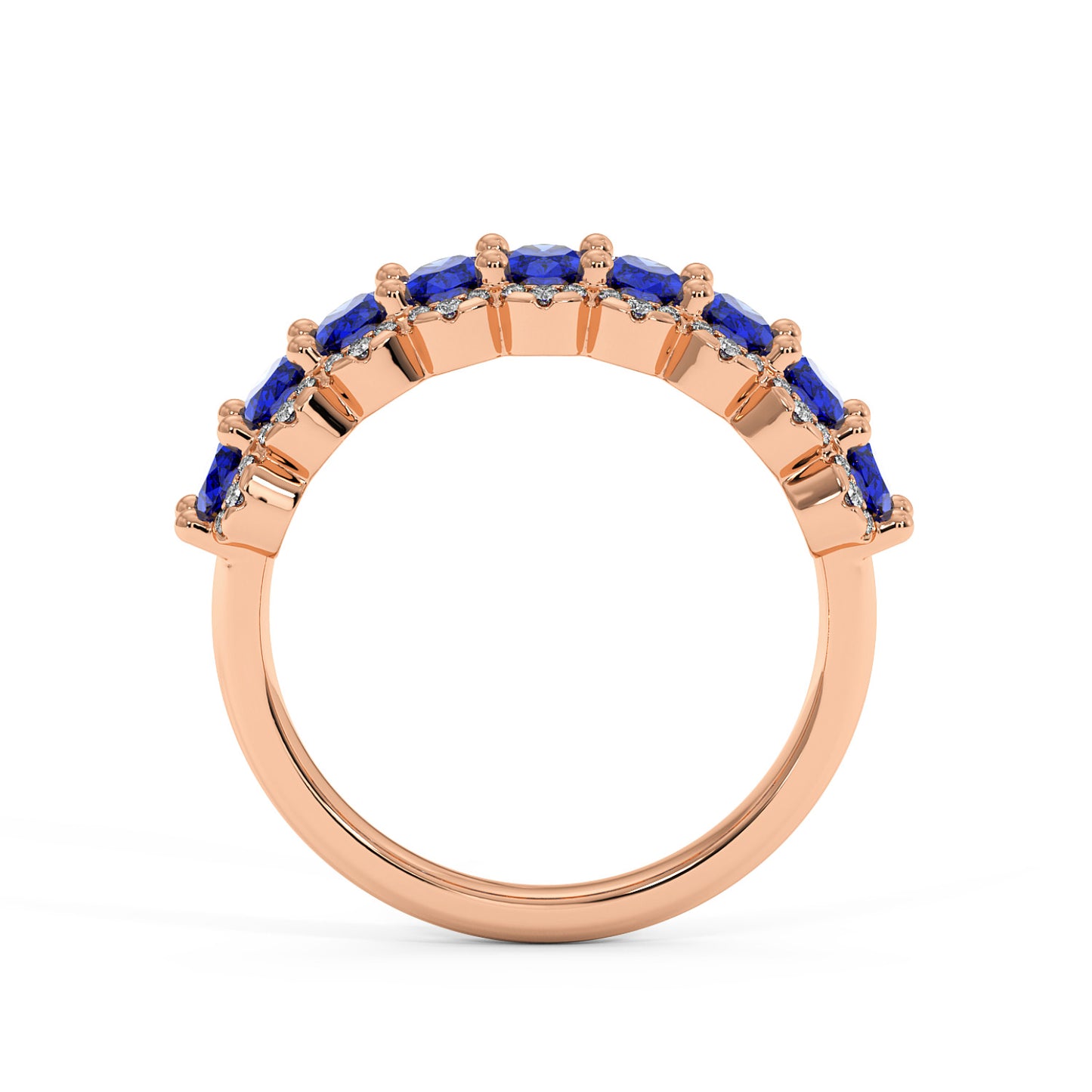 14k gold ring with a row of vivid Blue Sapphire gemstones set across the top in prongs, featuring a sleek, elegant design.