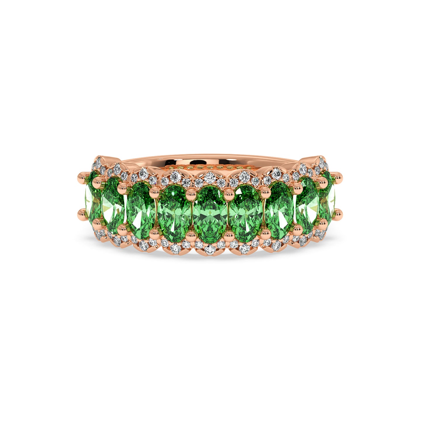 14k rose gold ring featuring a row of vibrant Green YAG oval gemstones, accented by small round diamonds.