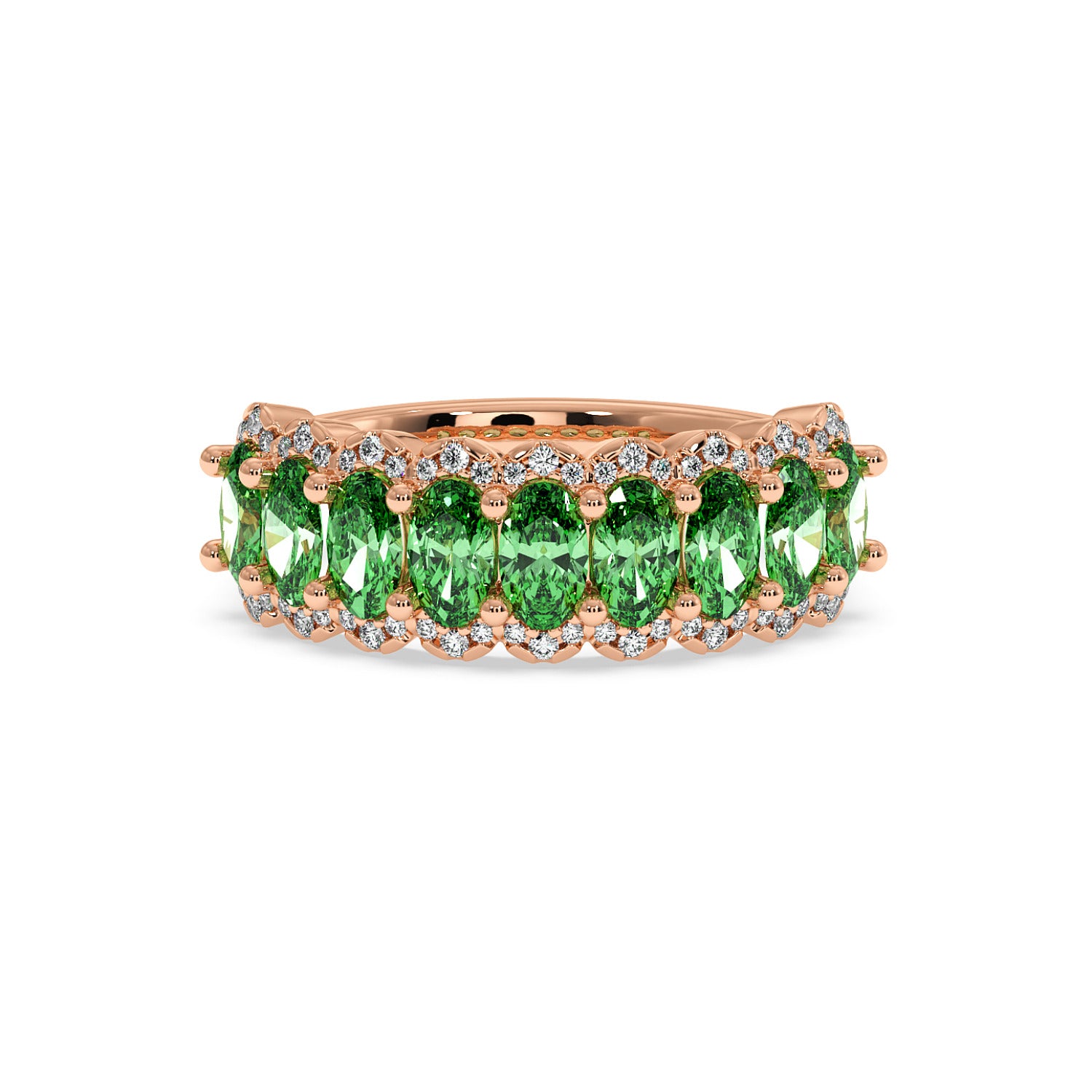 14k rose gold ring featuring a row of vibrant Green YAG oval gemstones, accented by small round diamonds.