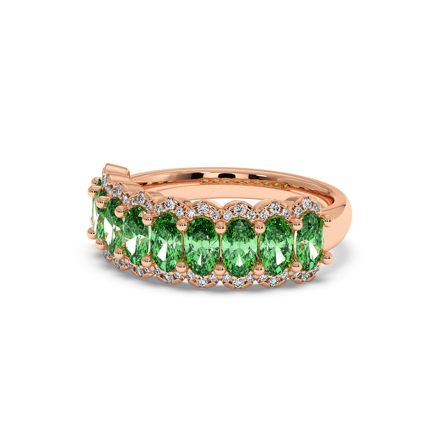 14k rose gold ring adorned with a row of vibrant Green YAG gemstones, each bordered by small, sparkling diamonds.