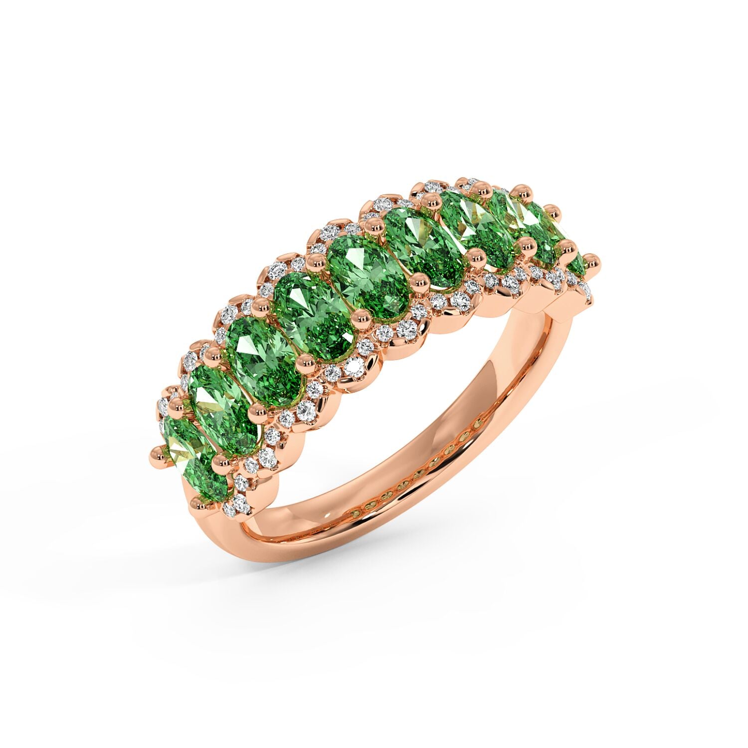 14k rose gold ring featuring a row of Green YAG oval gemstones, each encircled by small, sparkling diamonds.