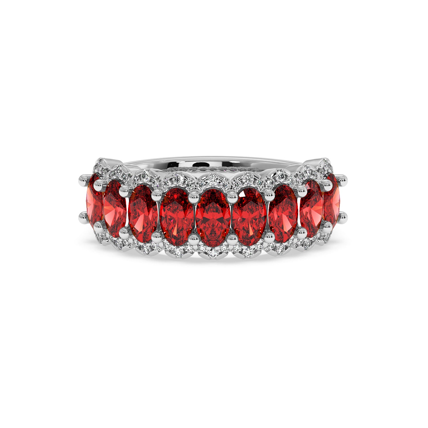 Elegant 14k white gold ring with bold Red Ruby oval stones surrounded by small diamonds in a symmetrical design.