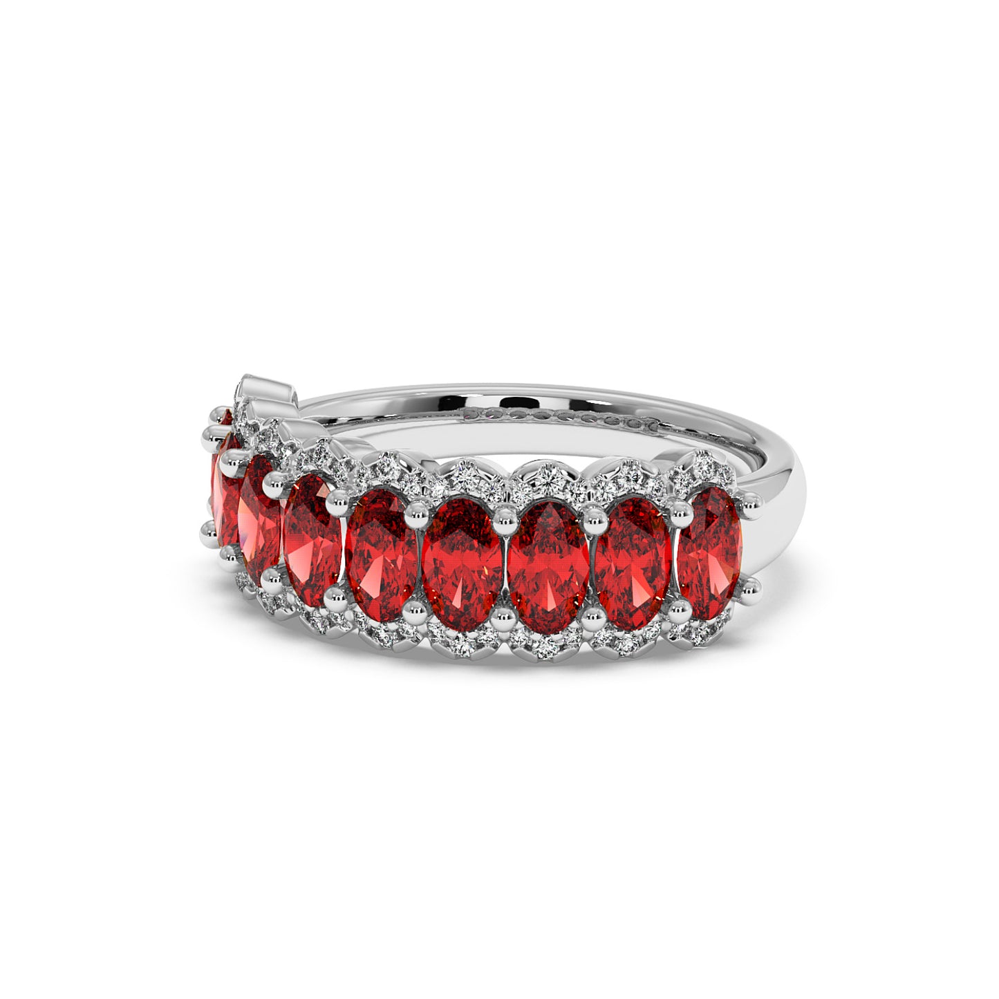 14k white gold ring adorned with seven oval Red Ruby gemstones, each surrounded by small, shimmering diamonds on a sleek band.