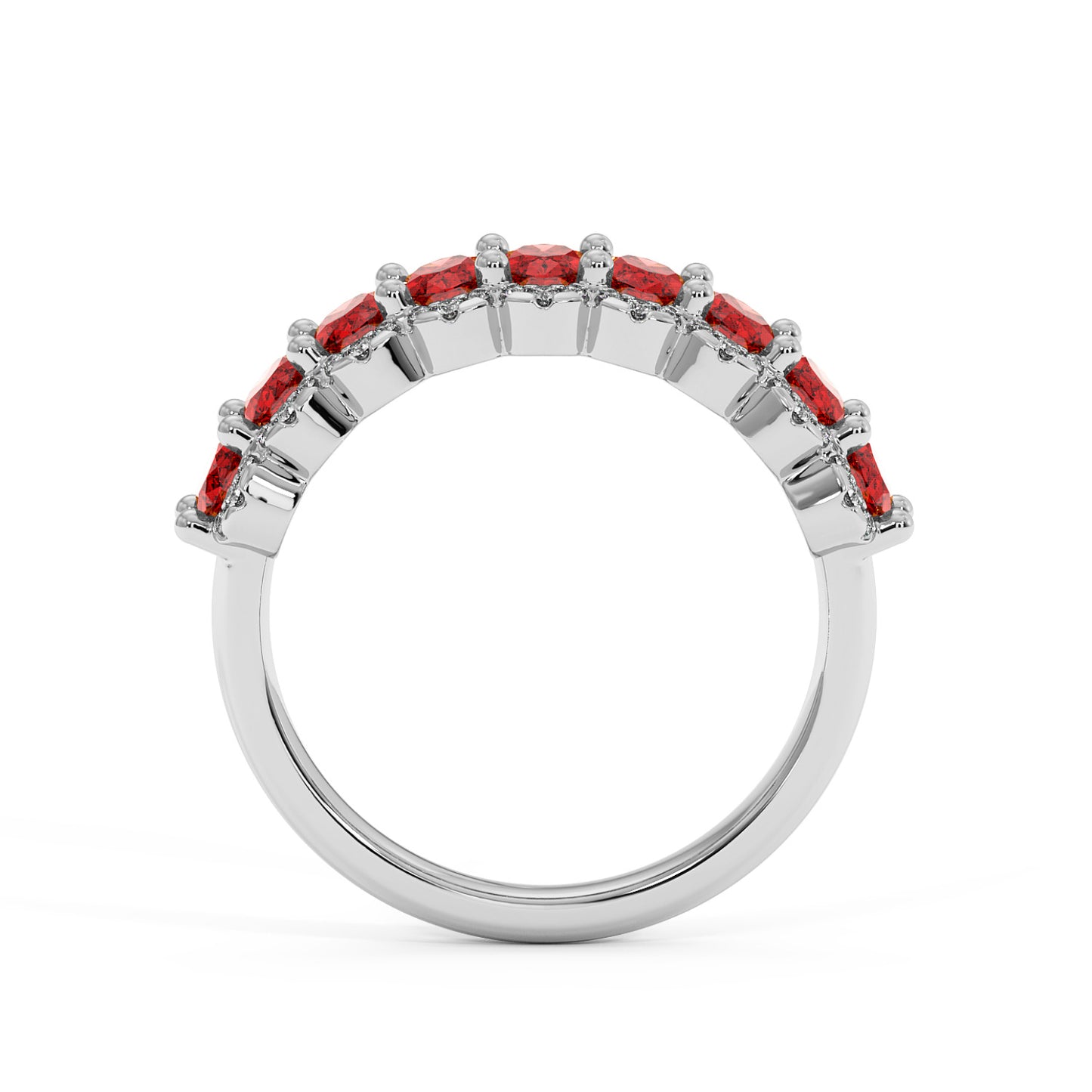 14k white gold ring with a half circle of Red Ruby gemstones adorning the top, featuring a sleek, elegant design.