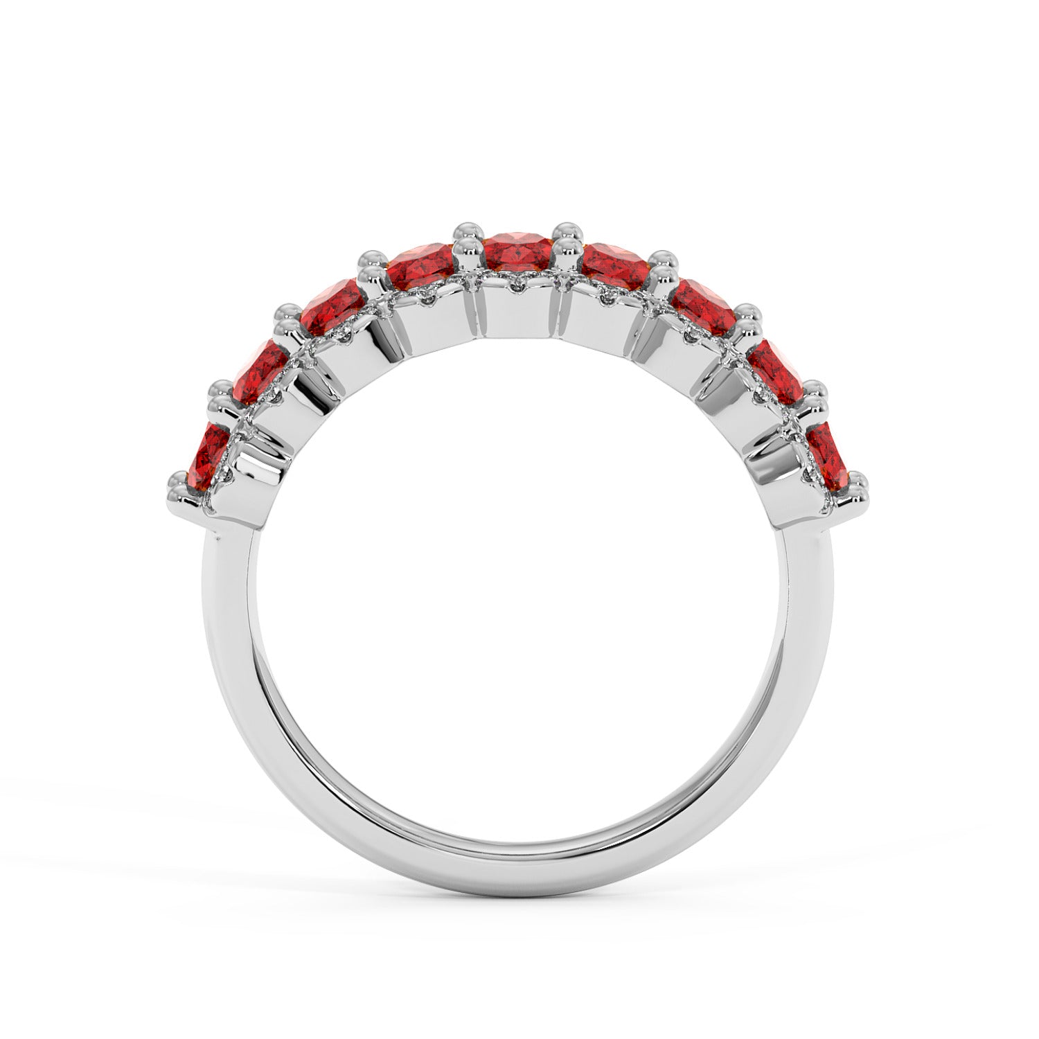 14k white gold ring with a half circle of Red Ruby gemstones adorning the top, featuring a sleek, elegant design.