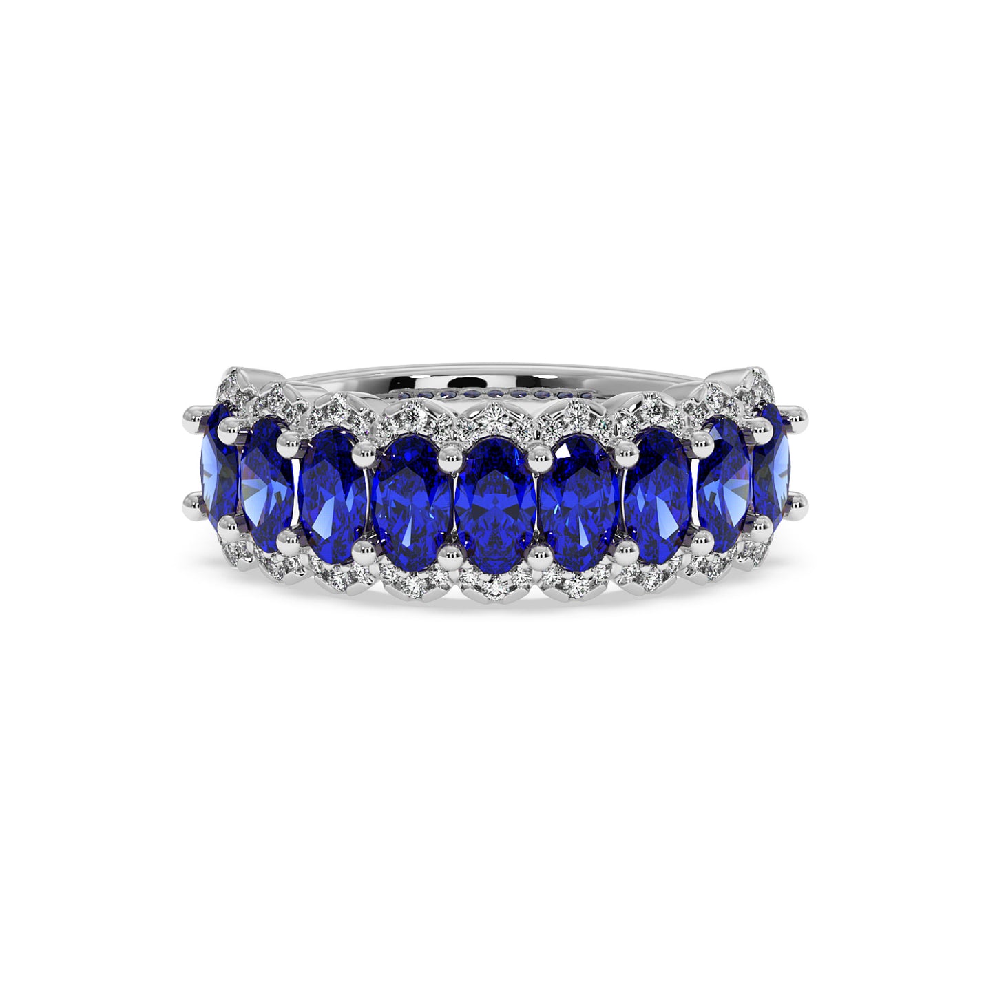14k white gold ring adorned with a row of oval-cut Blue Sapphires, surrounded by small, sparkling diamonds.