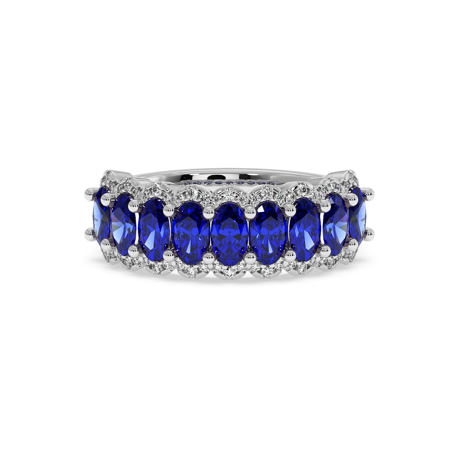 14k white gold ring adorned with a row of oval-cut Blue Sapphires, surrounded by small, sparkling diamonds.