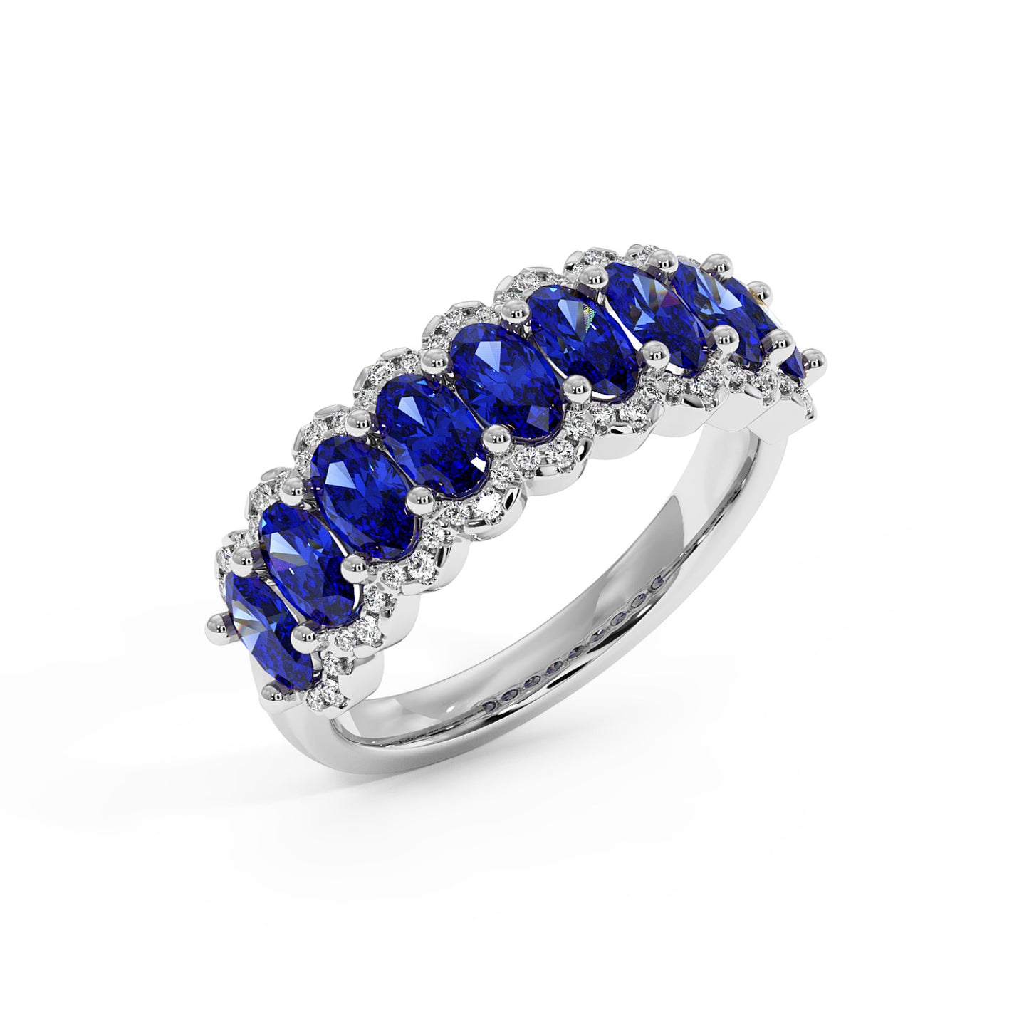 Elegant ring featuring a row of vibrant blue sapphires, each encircled by small shimmering diamonds on a sleek 14k white gold band.