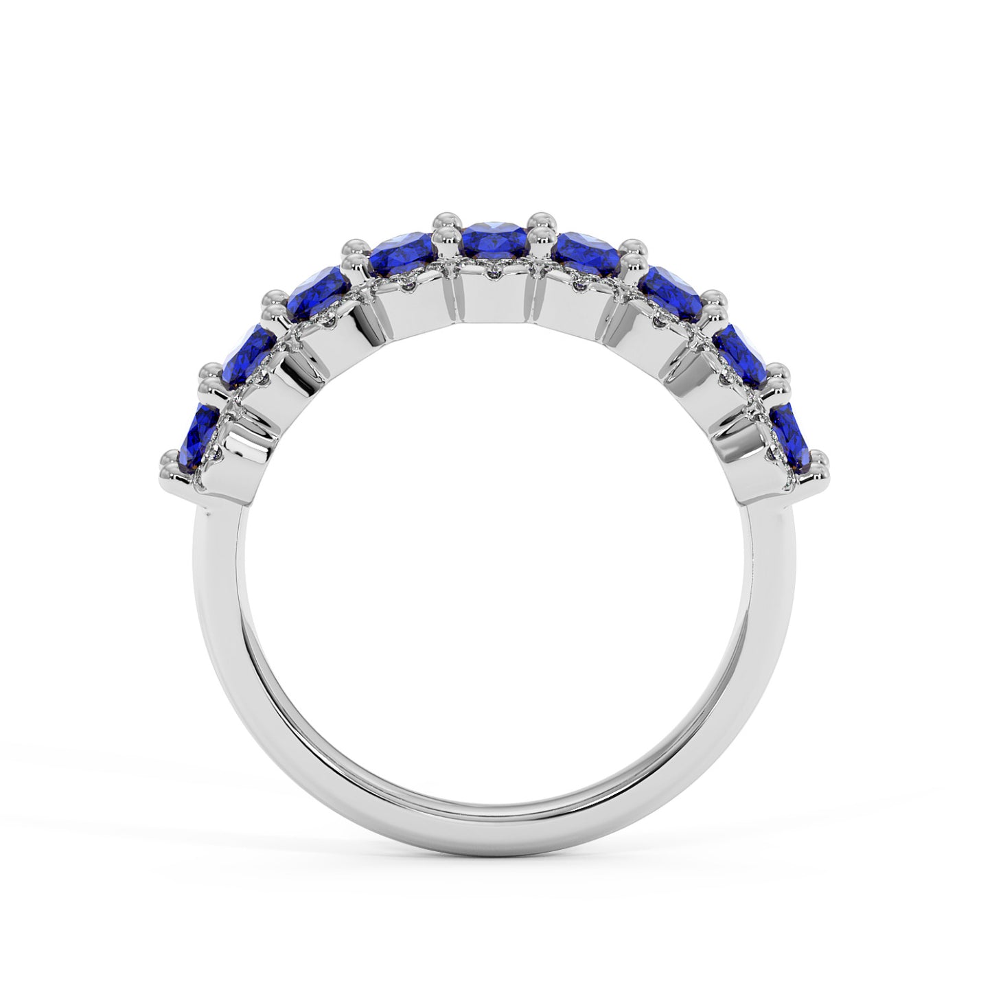 14k white gold ring featuring a row of rectangular Blue Sapphire gemstones set along the top in an elegant, modern design.