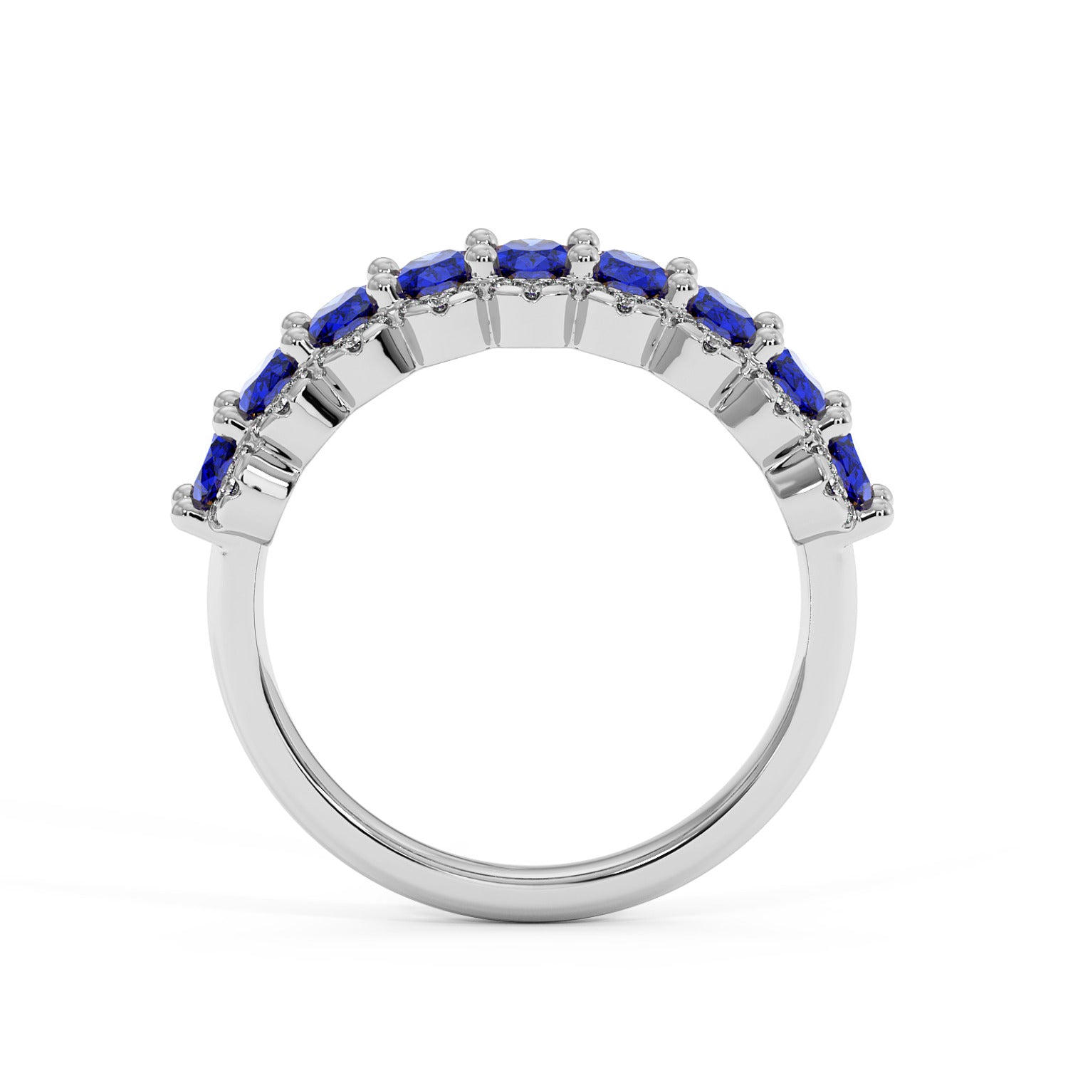 14k white gold ring featuring a row of rectangular Blue Sapphire gemstones set along the top in an elegant, modern design.