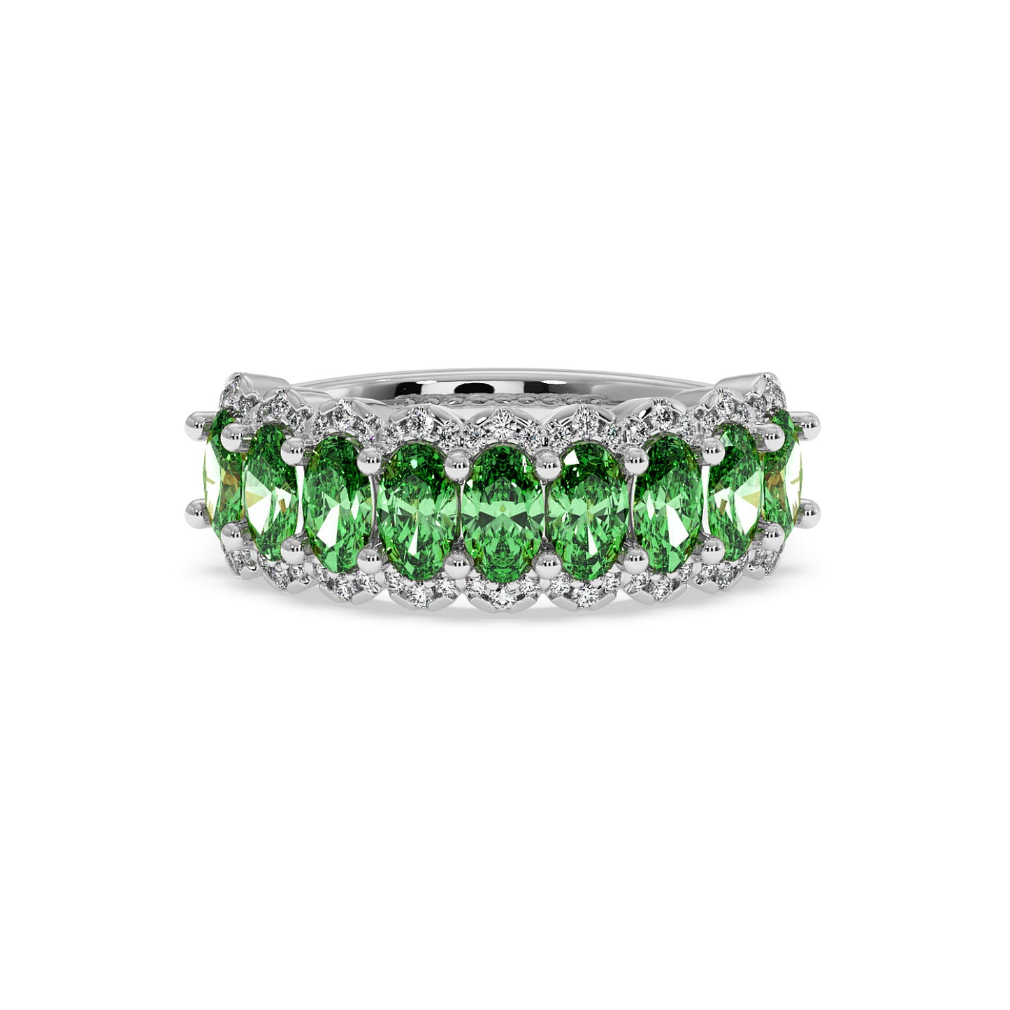 14k white gold ring with vibrant green YAG oval gemstones set in a continuous band, surrounded by small clear stones.