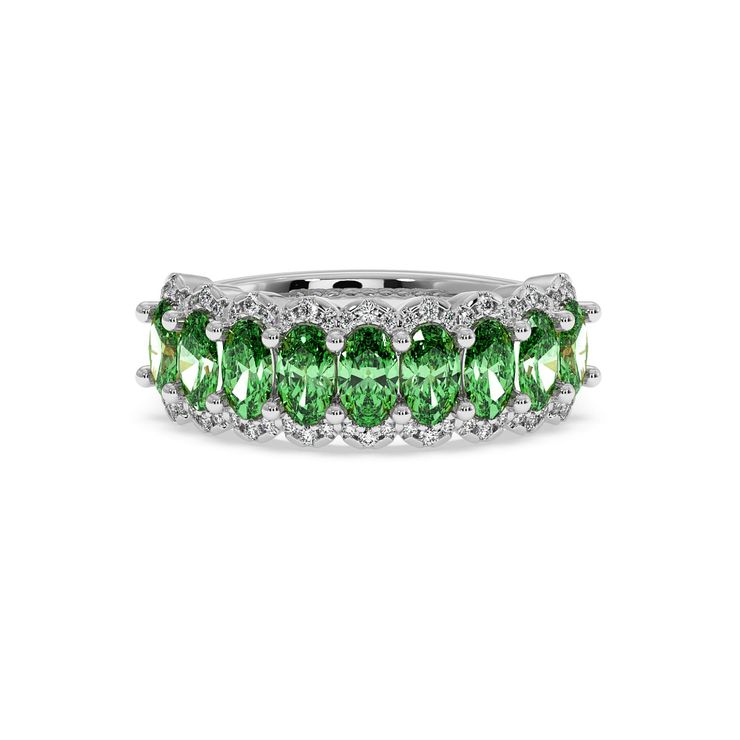 14k white gold ring with vibrant green YAG oval gemstones set in a continuous band, surrounded by small clear stones.