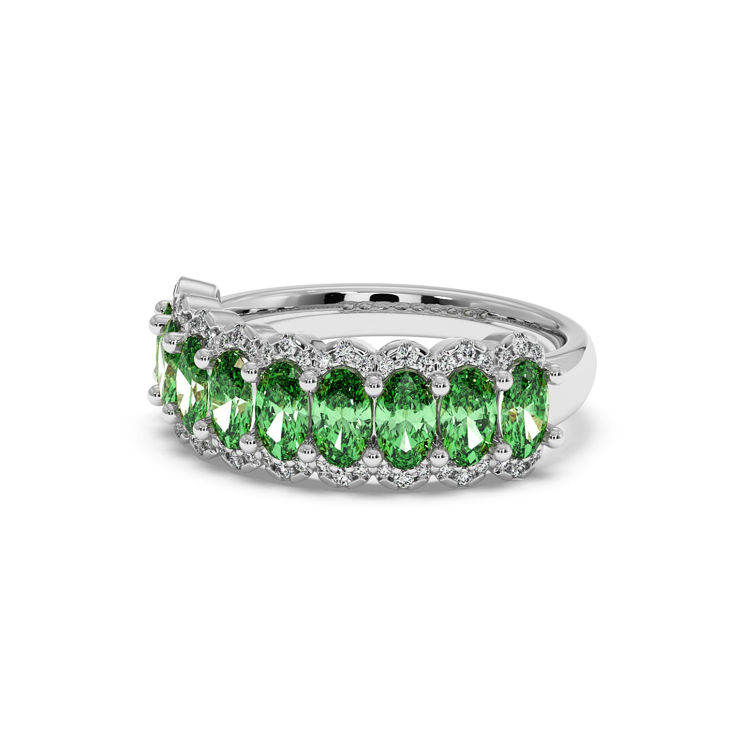 Elegant 14k white gold ring featuring a row of sparkling Green YAG oval stones, each set in intricate prongs.