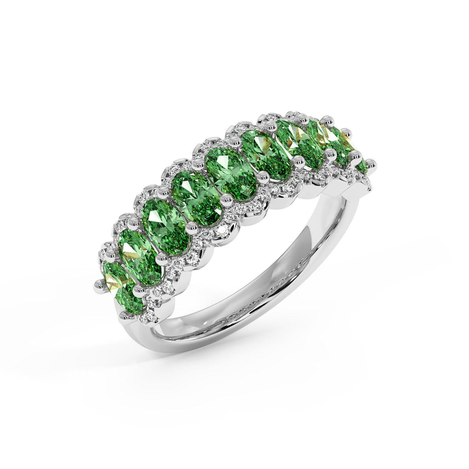 Elegant 14k white gold ring with a row of vivid Green YAG oval gemstones, each surrounded by small sparkling diamonds.