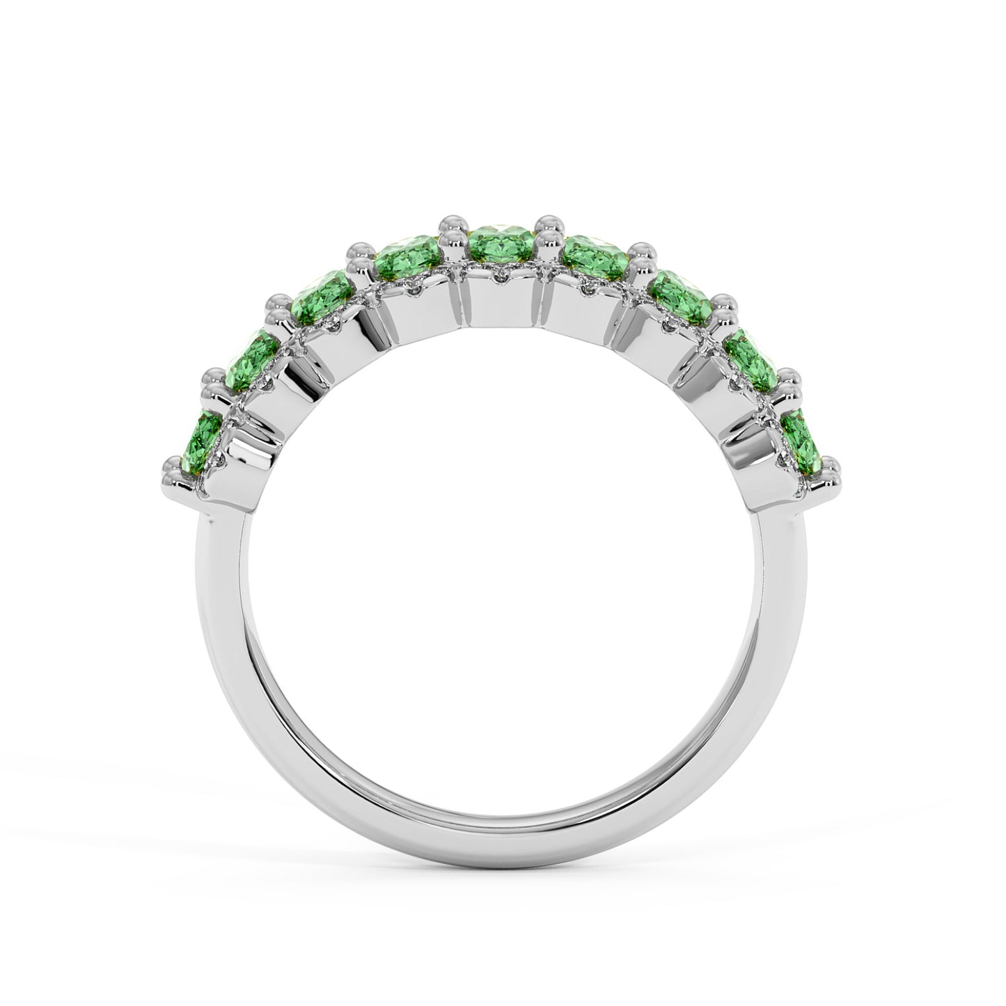 14k white gold ring with a row of small, bright Green YAG gemstones set along the top half in a sleek, elegant design.