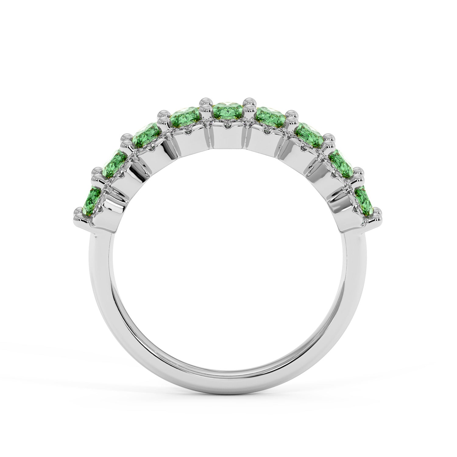 14k white gold ring with a row of small, bright Green YAG gemstones set along the top half in a sleek, elegant design.