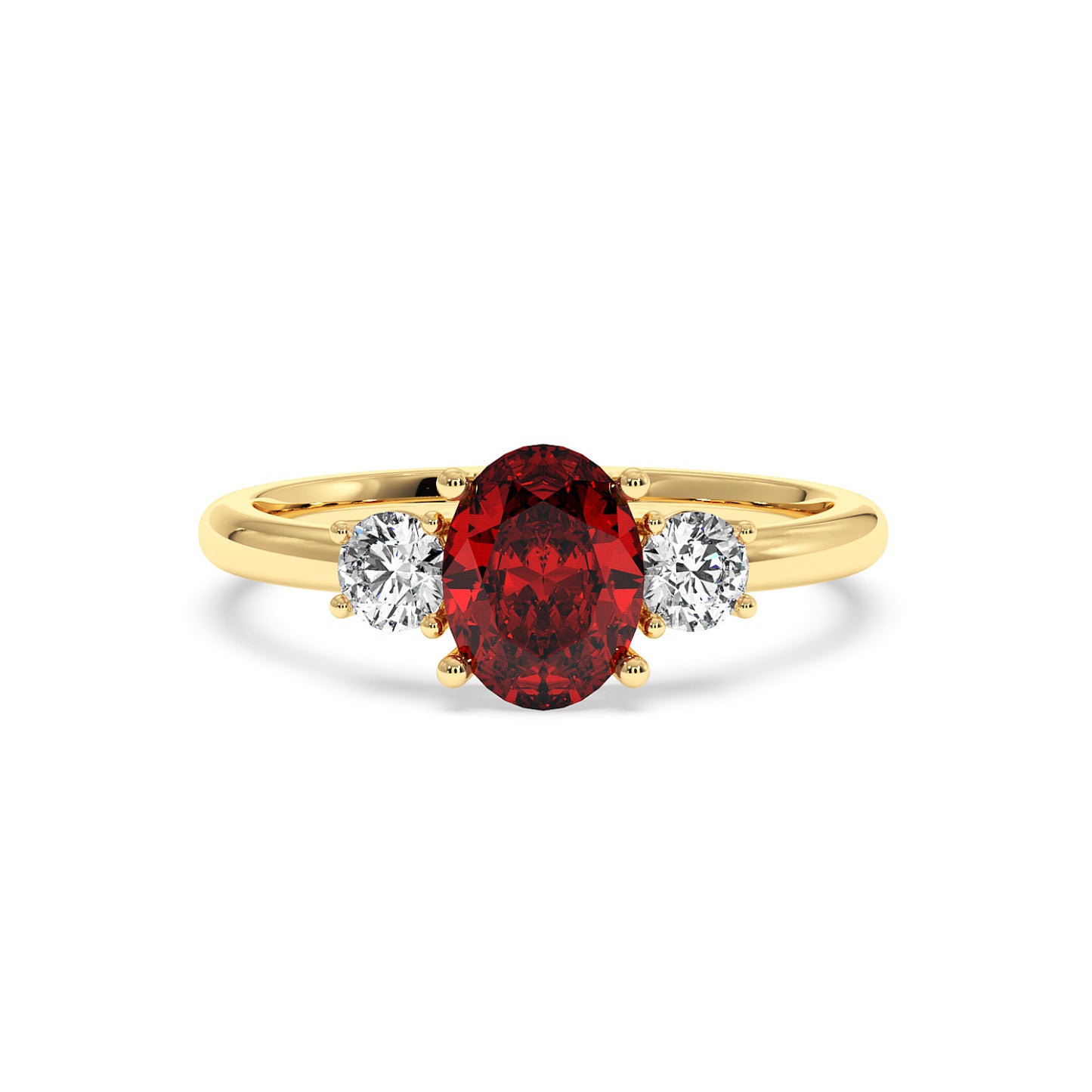 A gold oval ruby ring featuring a red gemstone at its center, flanked by two round white diamonds on a white background, exuding elegance.