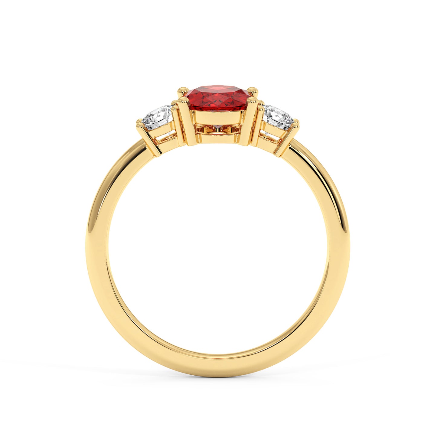 Gold oval ruby ring with a large red gemstone flanked by two round diamonds, featuring a minimalist, elegant, and luxurious design.