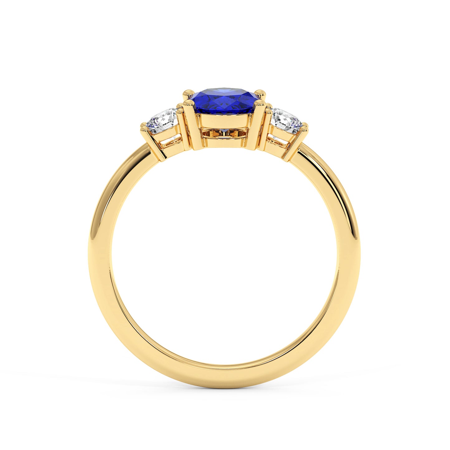 A gold ring with a central blue gemstone flanked by two smaller white gems, featuring an elegant and luxurious symmetrical design.