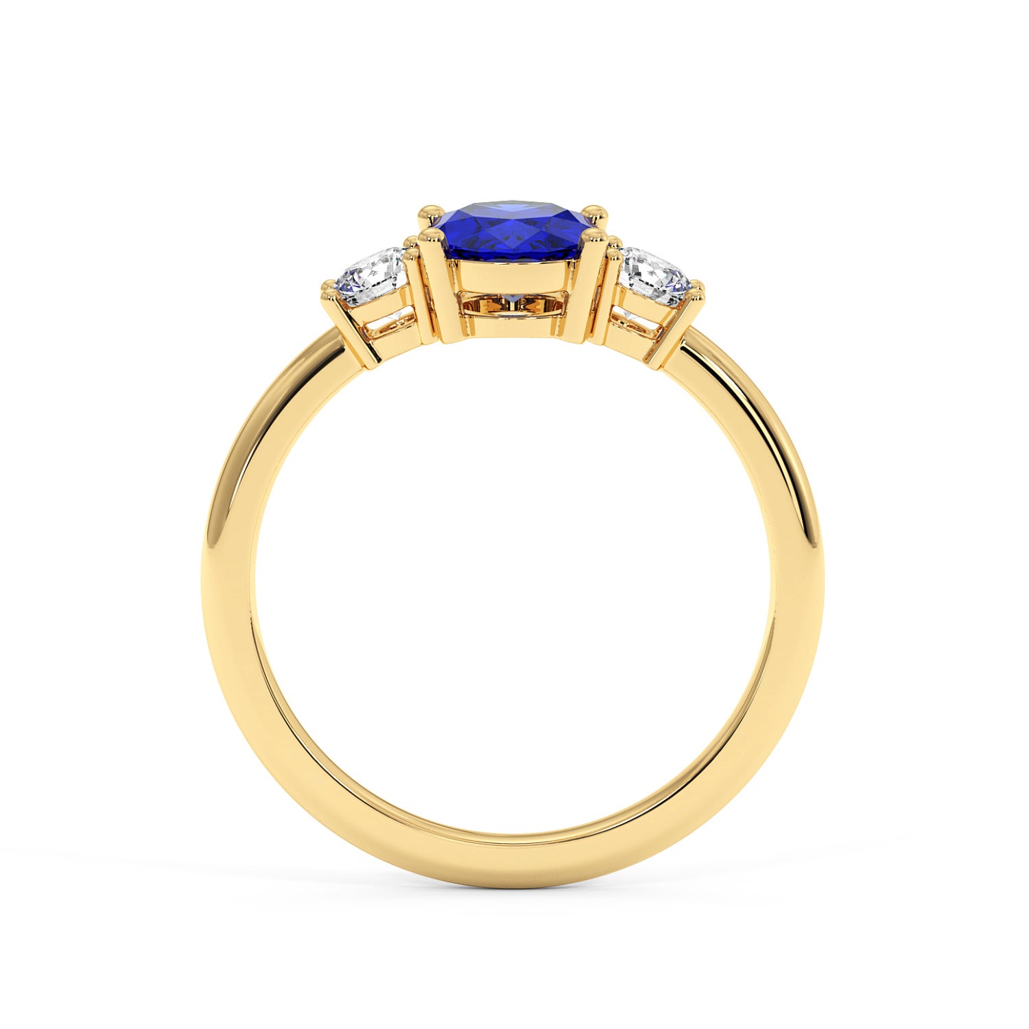 A gold ring with a central blue gemstone flanked by two smaller white gems, featuring an elegant and luxurious symmetrical design.