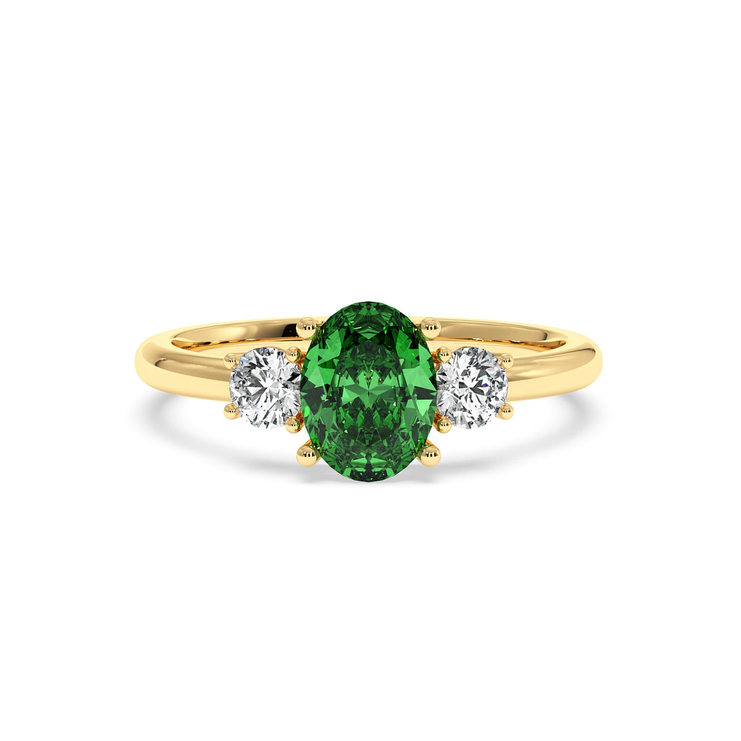 A gold ring features an oval green Y.A.G flanked by two round white diamonds, exuding elegance and sophistication against a white background.