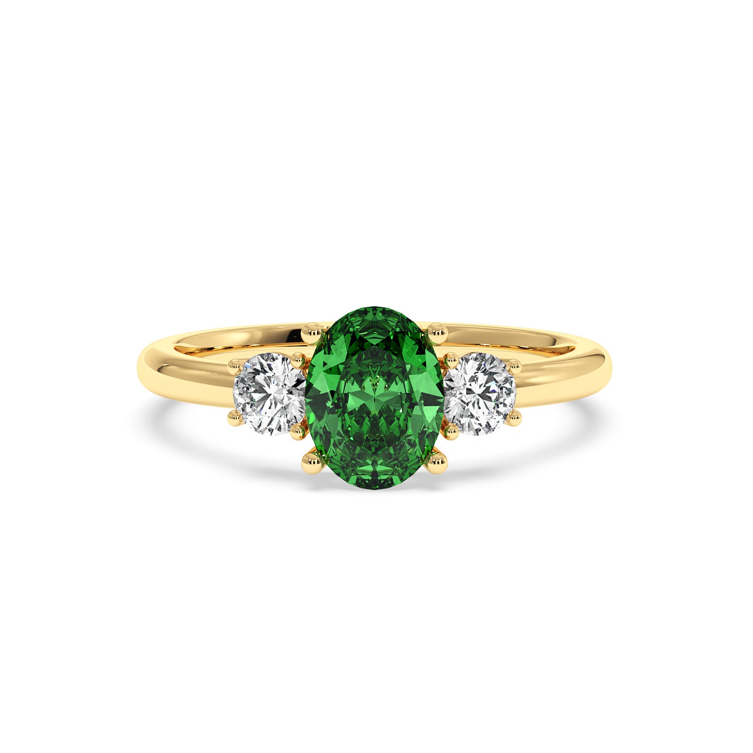 A gold ring features an oval green Y.A.G flanked by two round white diamonds, exuding elegance and sophistication against a white background.