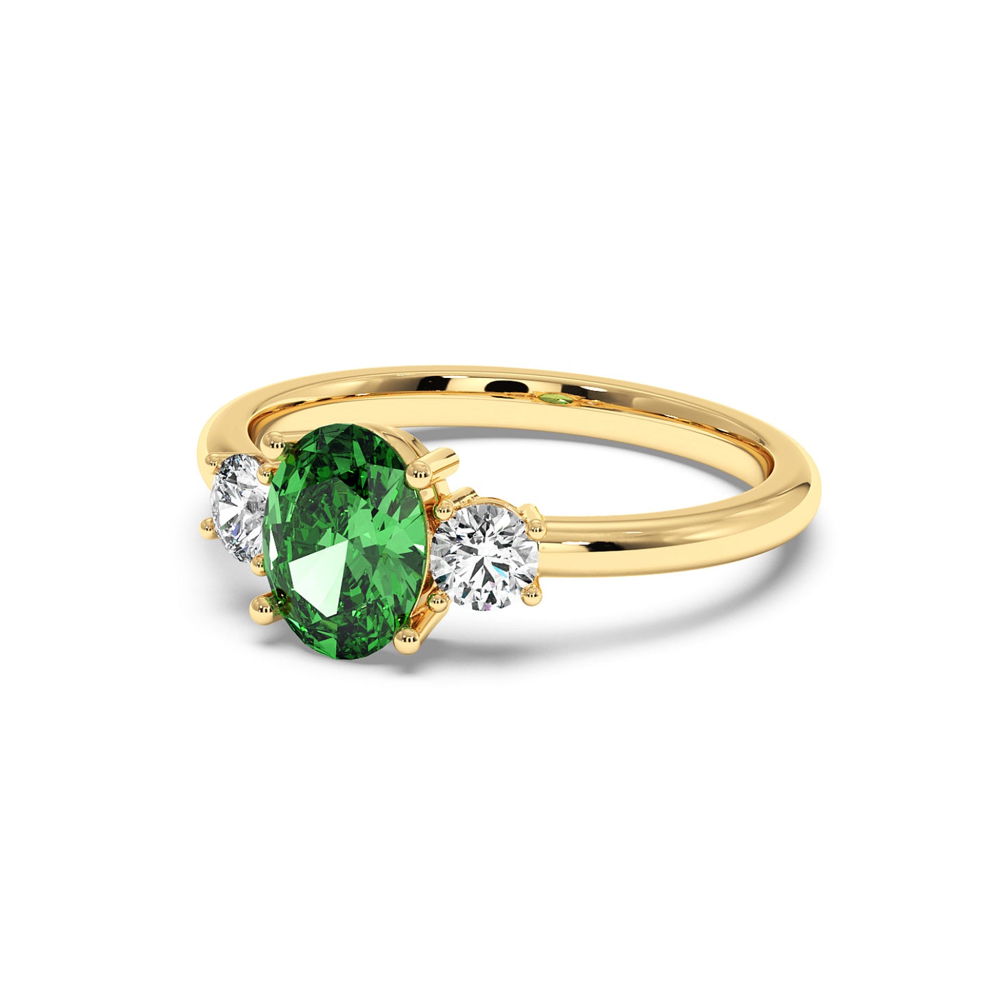 A gold ring with an oval green Y.A.G in the center, flanked by two round white diamonds. The design is elegant and luxurious.
