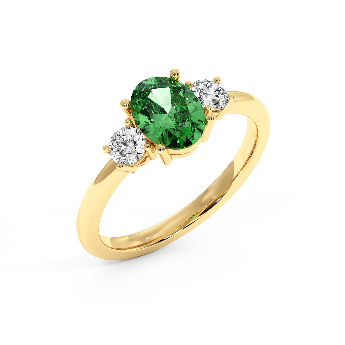 Top view gold ring with an oval green Y.A.G in the center, flanked by two round white diamonds.