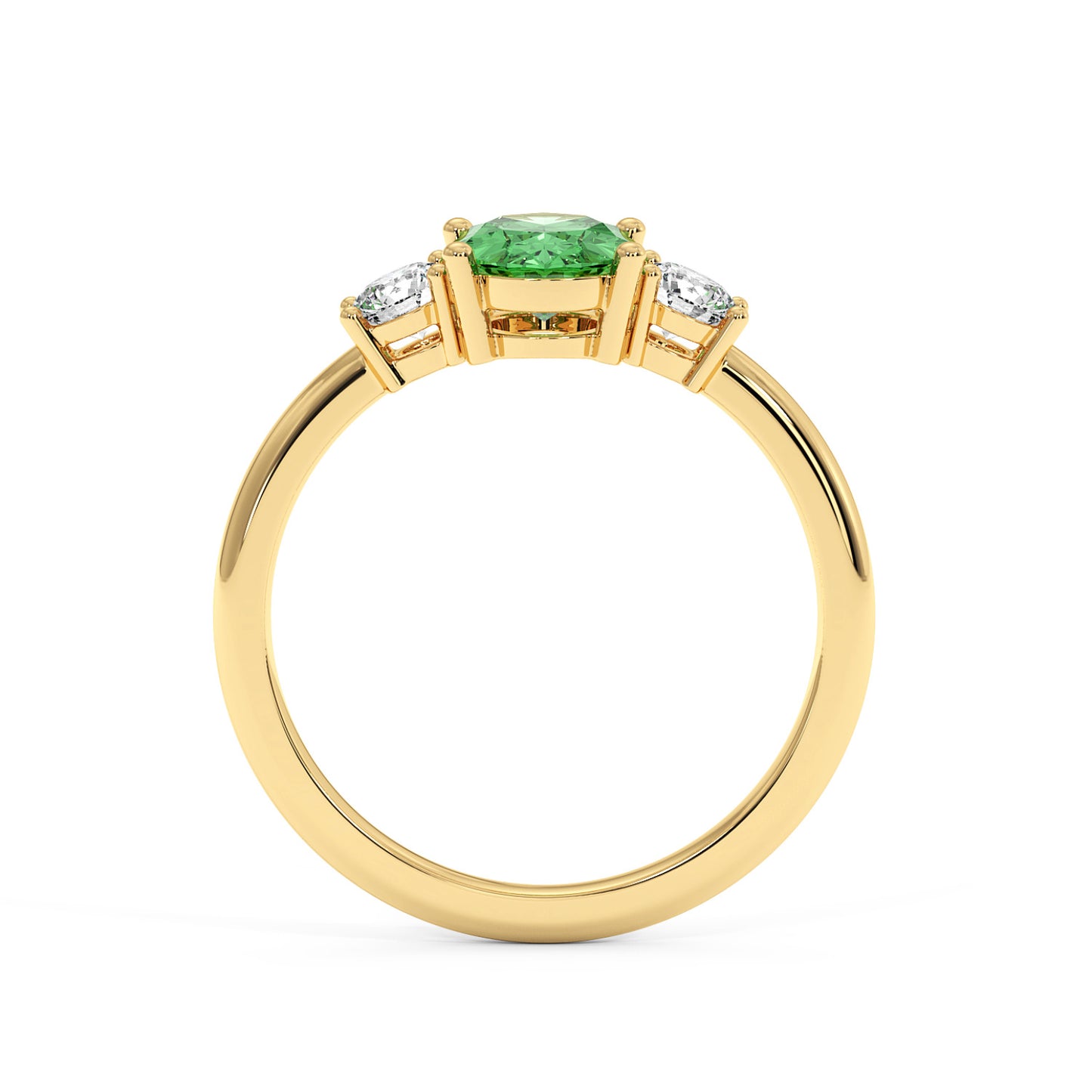 Gold ring with a central oval green Y.A.G flanked by two white diamonds on a minimalist band. The design conveys elegance and luxury.