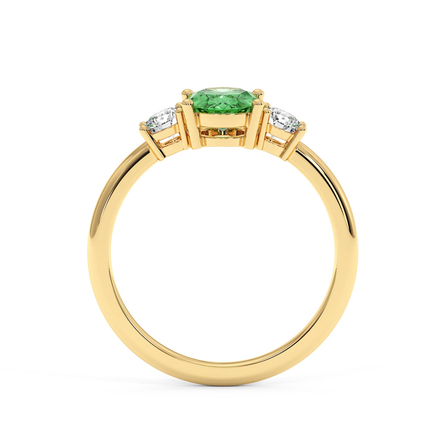Gold ring with a central oval green Y.A.G flanked by two white diamonds on a minimalist band. The design conveys elegance and luxury.