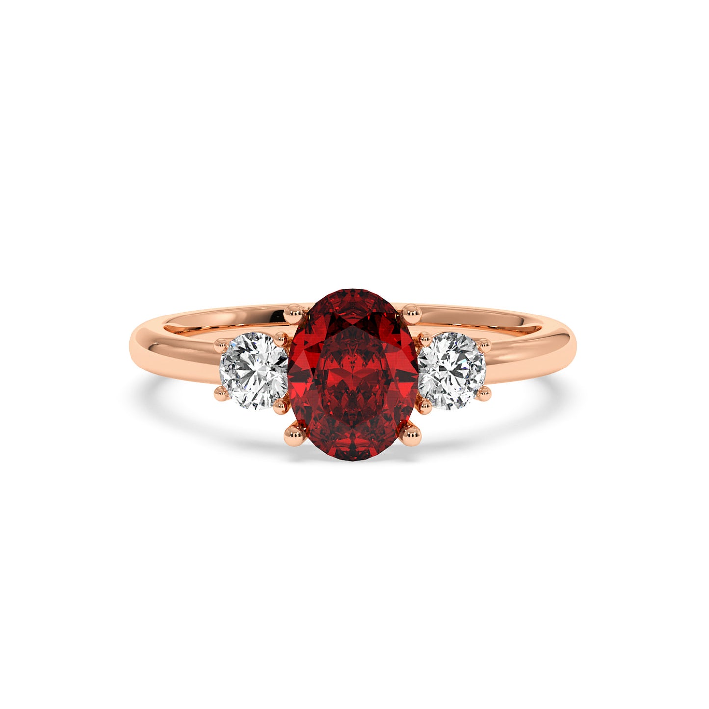 Rose gold 1.75 CT oval ruby ring with large red center gemstone and two smaller round diamonds. Elegant, luxurious design.