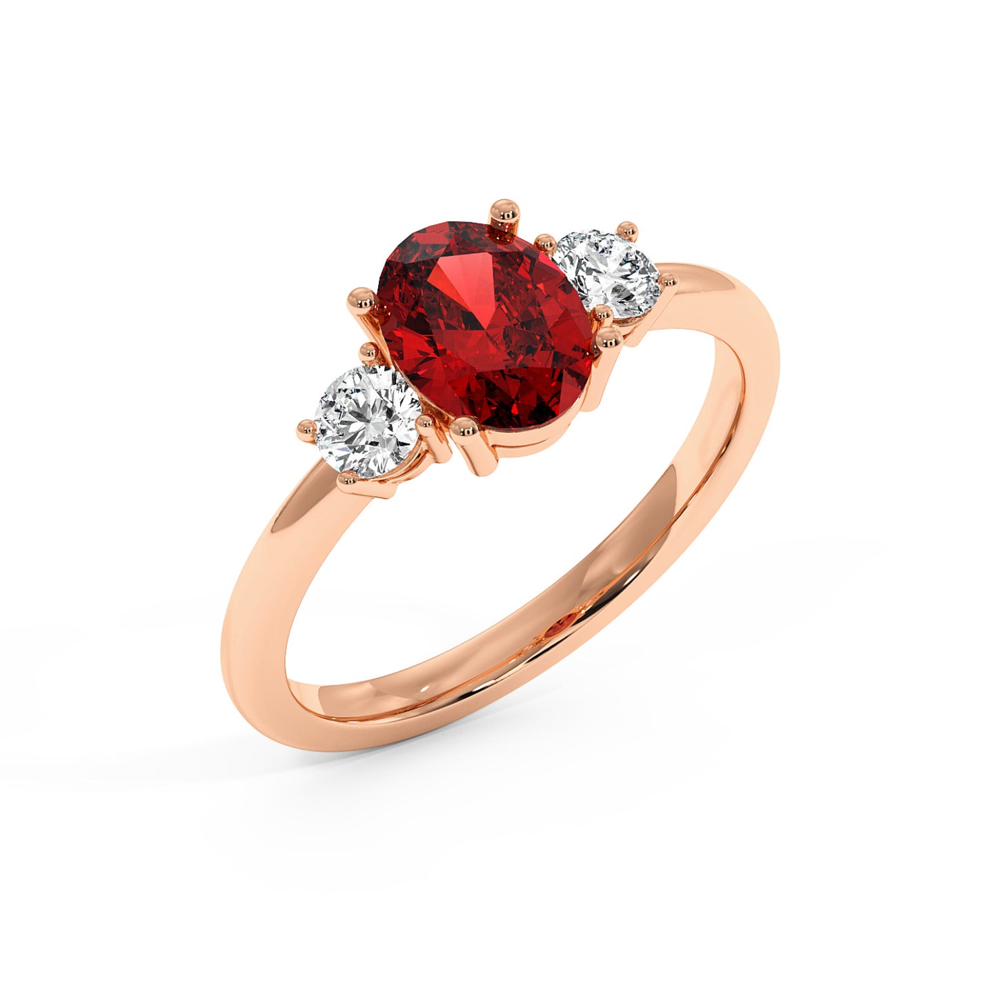 Top view of rose gold 1.75 CT oval ruby ring with red center gemstone flanked by two round white diamonds. Elegant design.