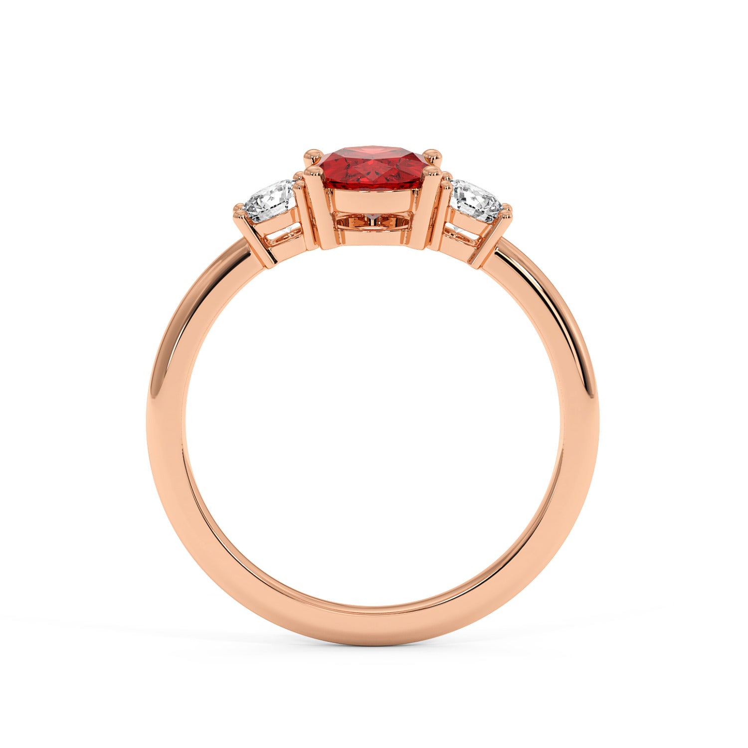 Rose gold 1.75 CT oval ruby ring with central round red gemstone and two smaller diamonds. Elegant, luxurious design, white background.